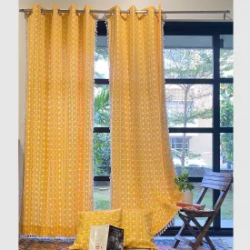 100% Cotton Boho Curtain for Window & Door - Pack of 2 Curtains With 2 FREE Cushion Covers, Yellow Star