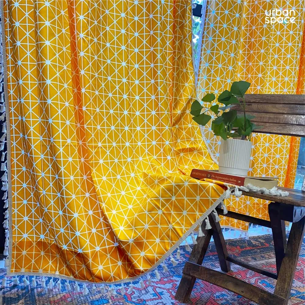 100% Cotton Boho Curtain for Window & Door - Pack of 2 Curtains With 2 FREE Cushion Covers, Yellow Star