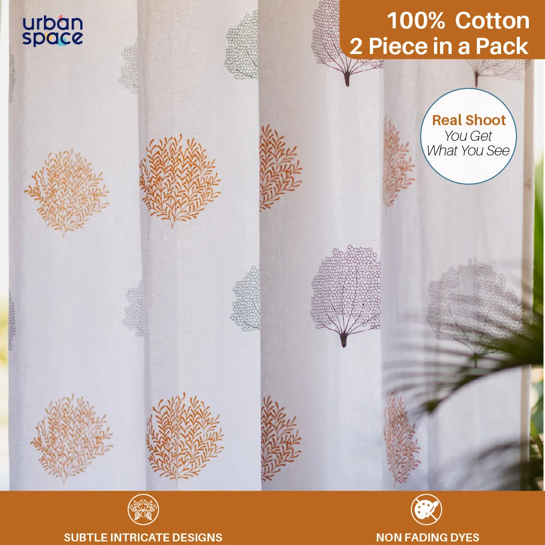 100% Premium Cotton Curtains, Autumn Tree Print, Pack of 2 - Brown & Mustard