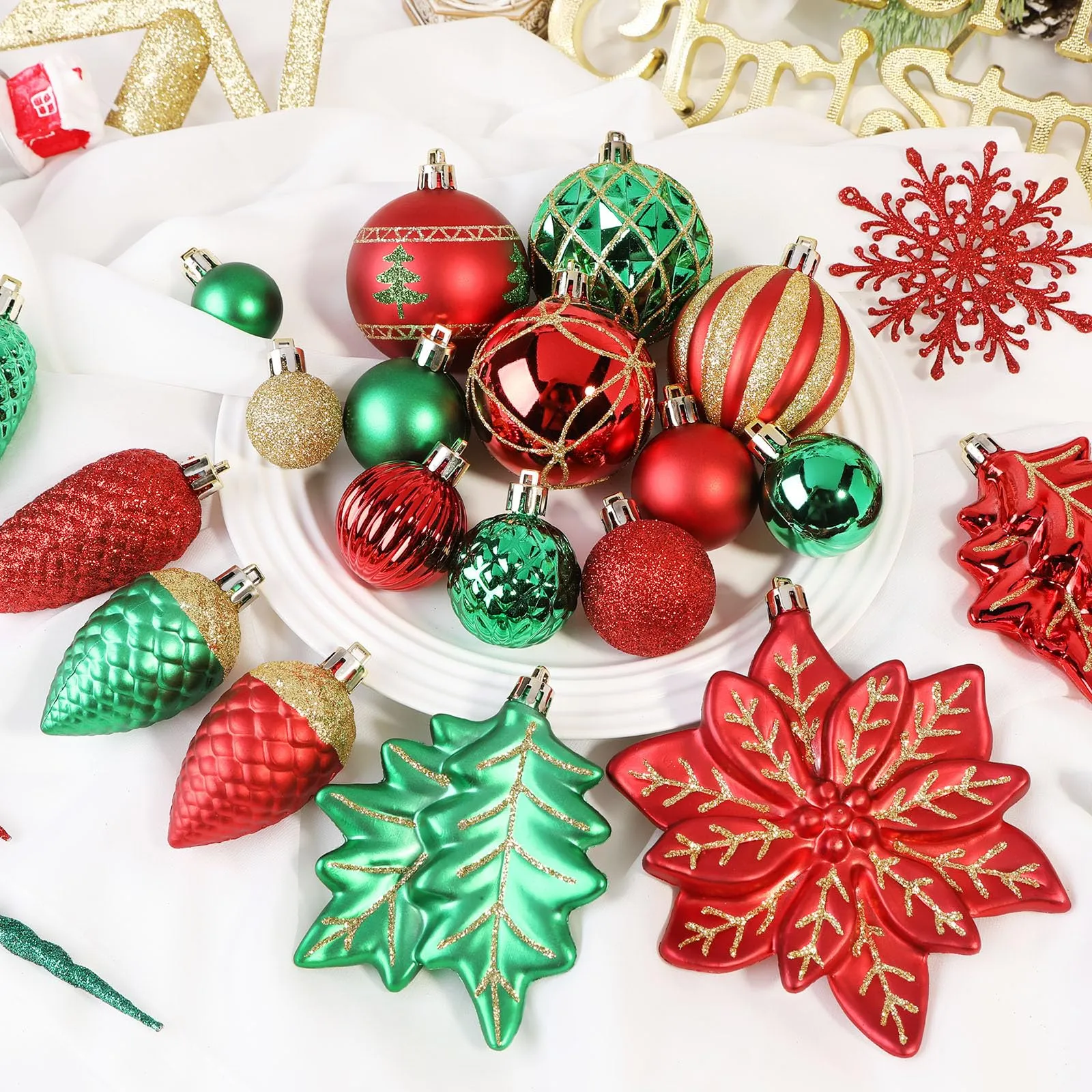 106PCS Red Green Gold Christmas Balls Ornaments Set, with Hanging Hooks