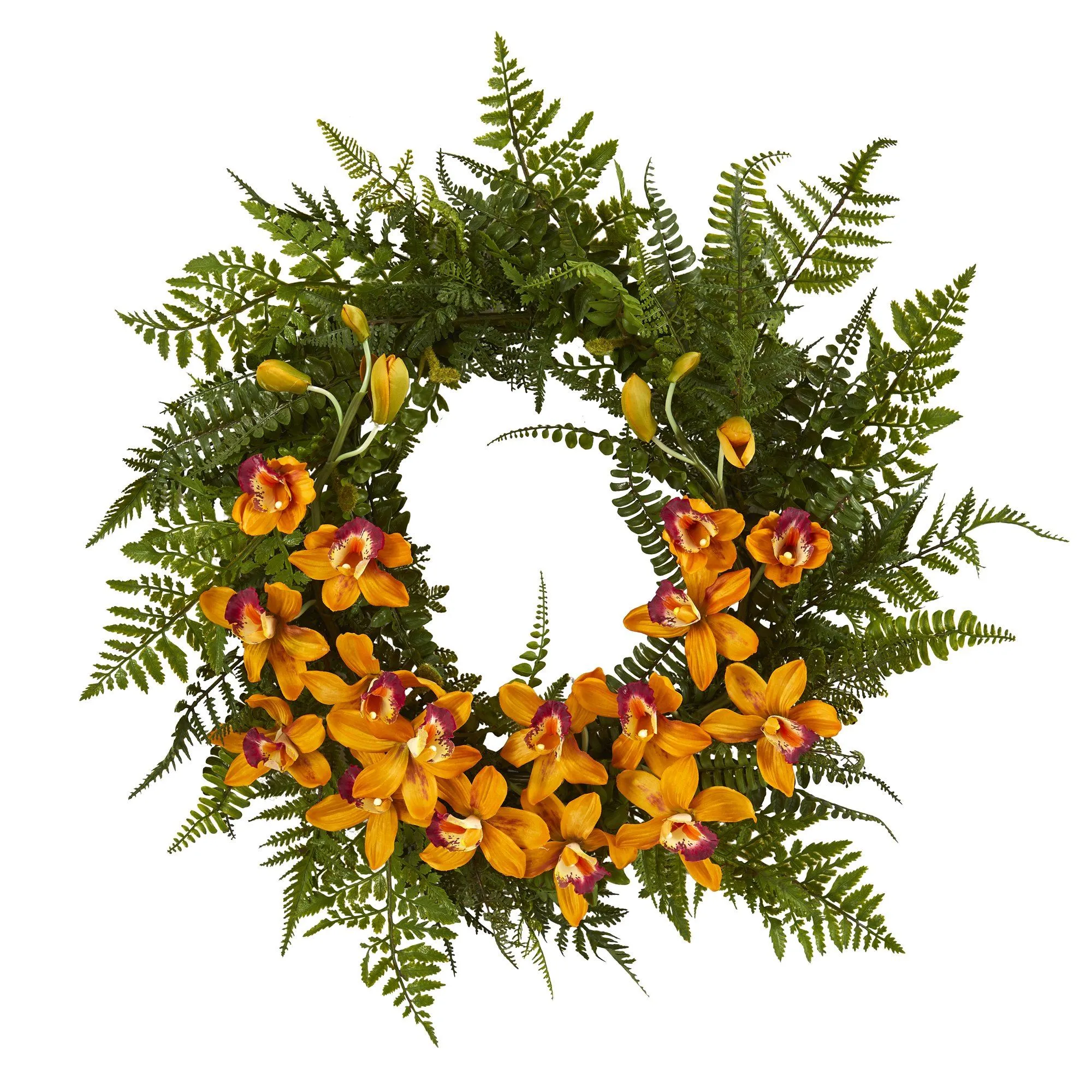 24” Mixed Fern and Cymbidium Orchid Artificial Wreath - Multiple Colors