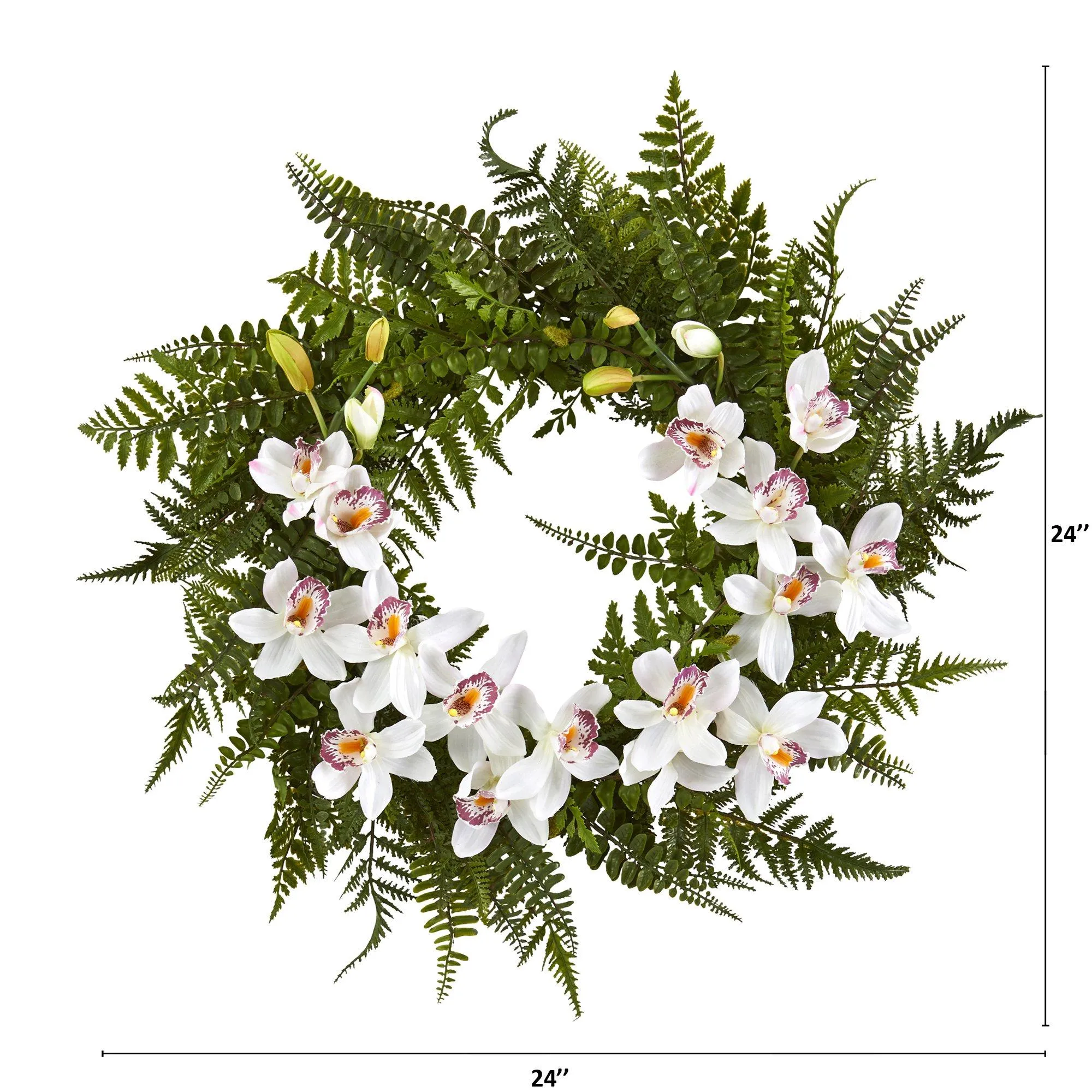 24” Mixed Fern and Cymbidium Orchid Artificial Wreath - Multiple Colors