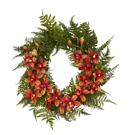 24” Mixed Fern and Cymbidium Orchid Artificial Wreath - Multiple Colors