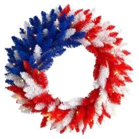 24” Patriotic Red, White and Blue “Americana” Wreath with 35 Warm LED Lights