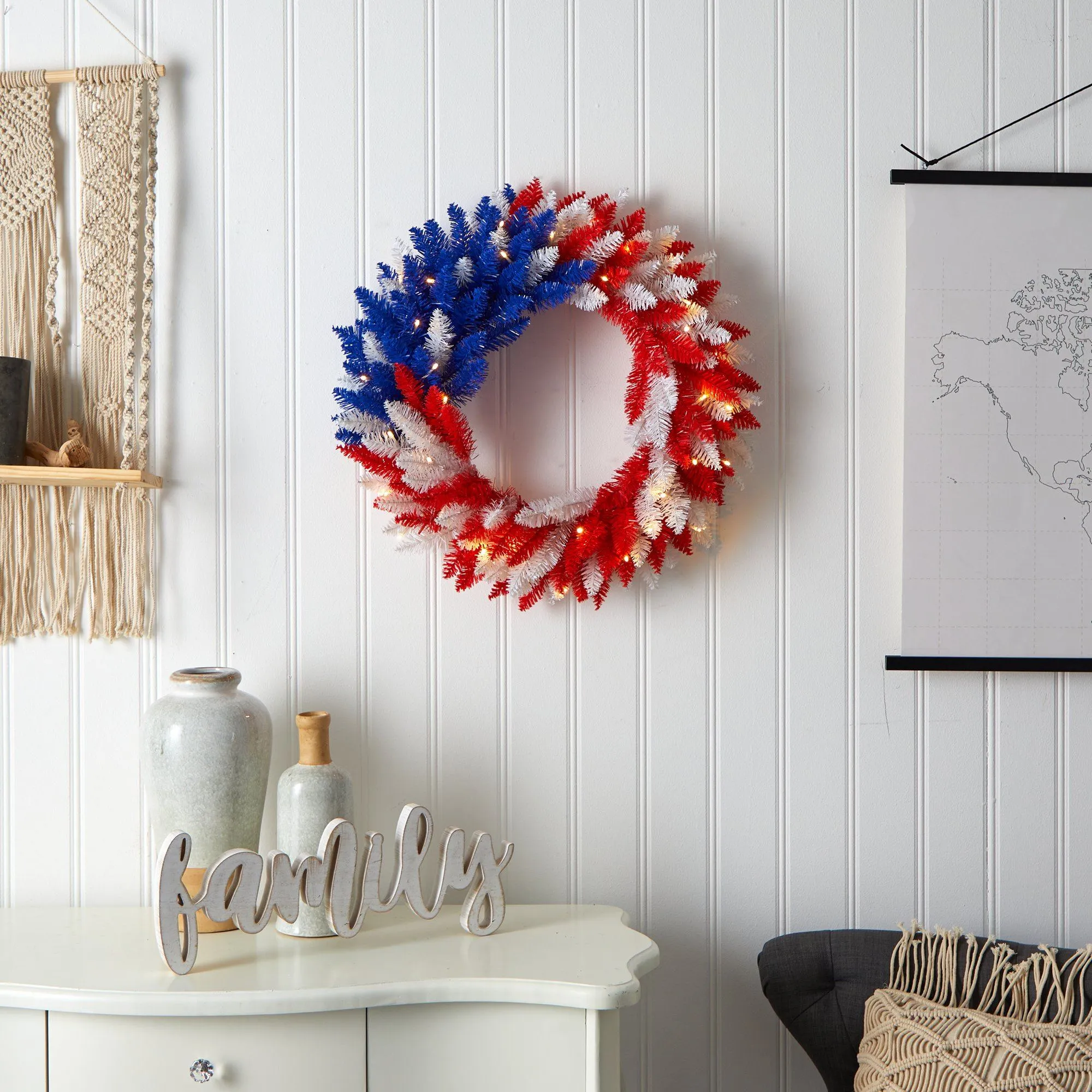 24” Patriotic Red, White and Blue “Americana” Wreath with 35 Warm LED Lights