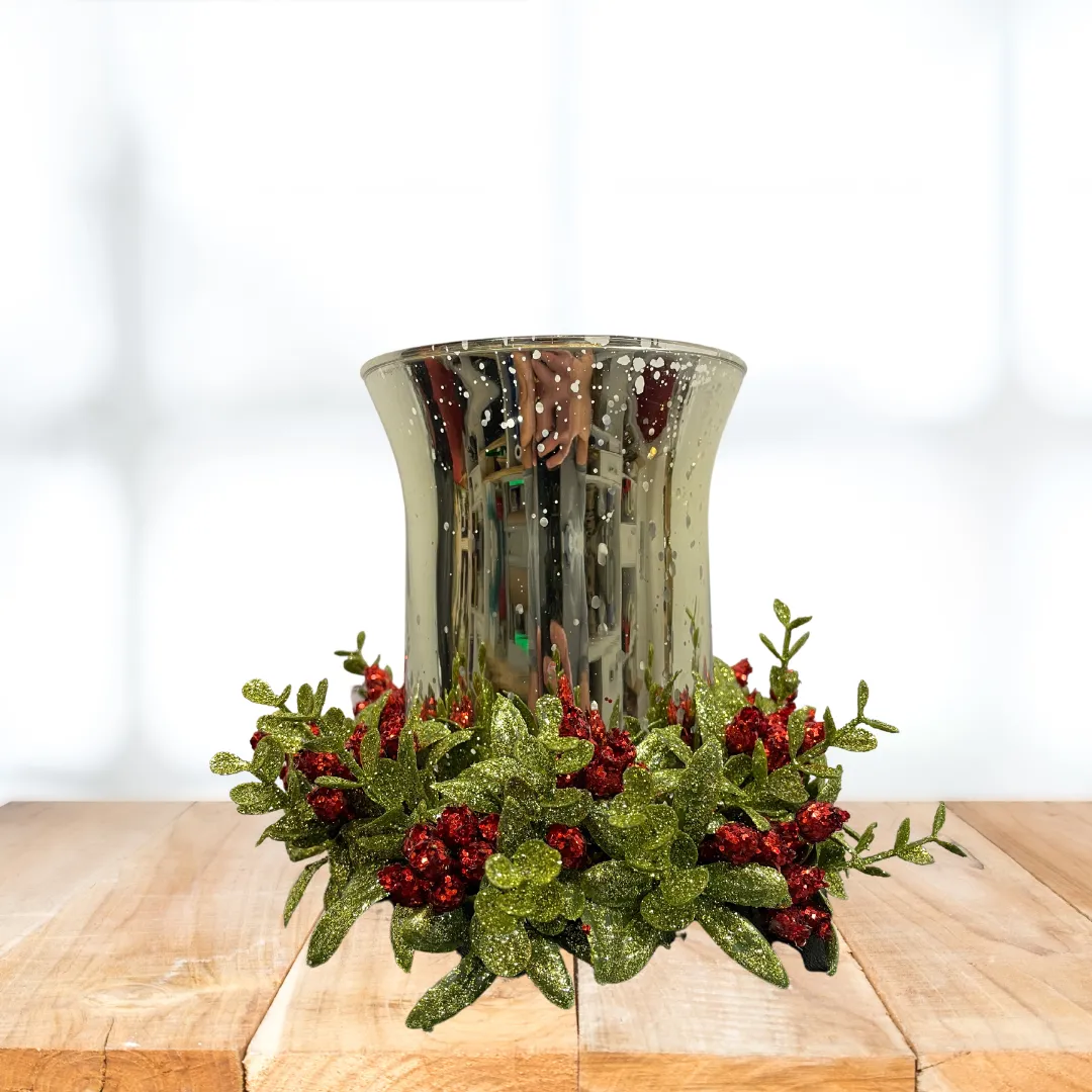 6" Mercury Glass Tea Light Holder with Holly Berry Base