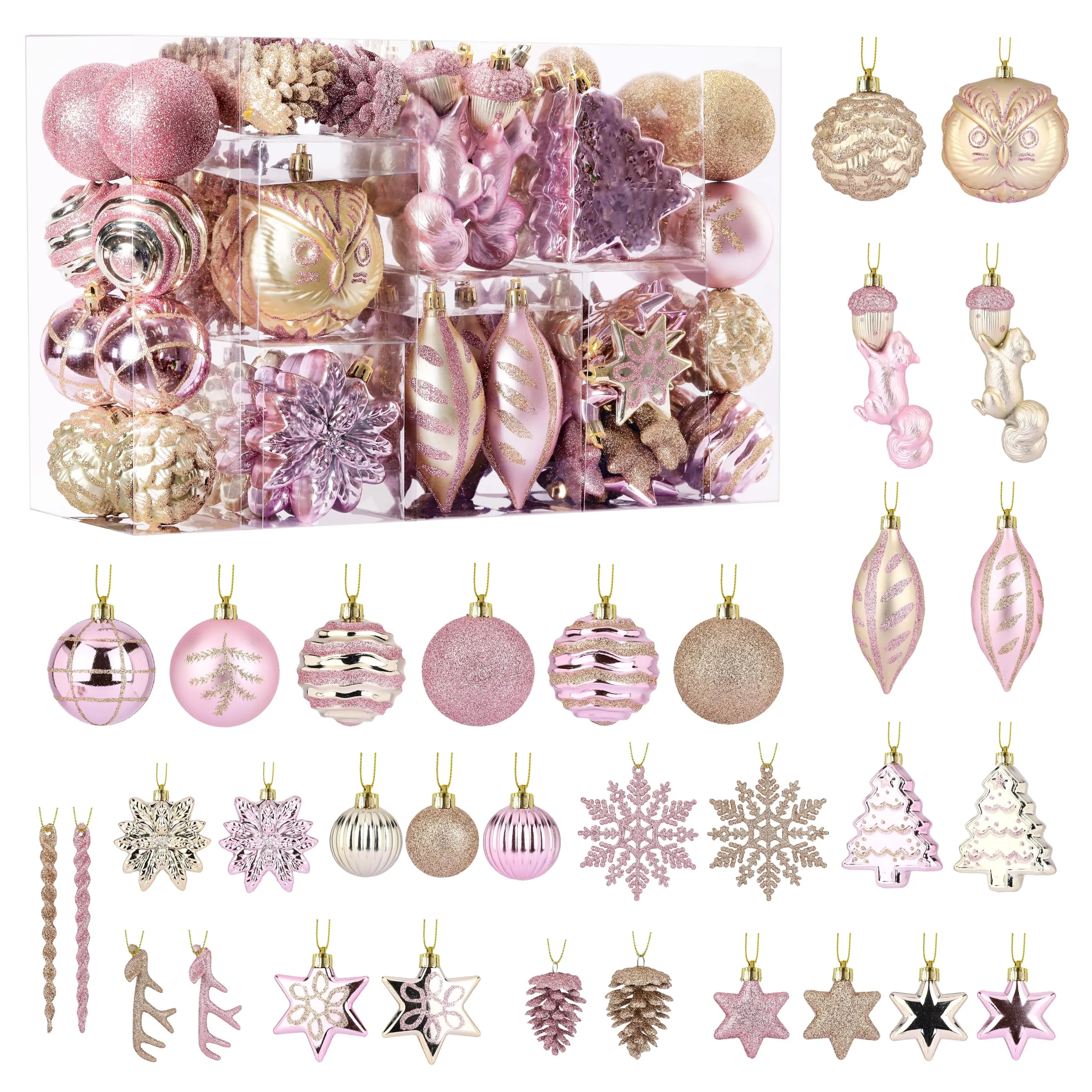 96pcs Pink & Gold Forest Theme and Animal Designs Christmas Tree Ornaments Set