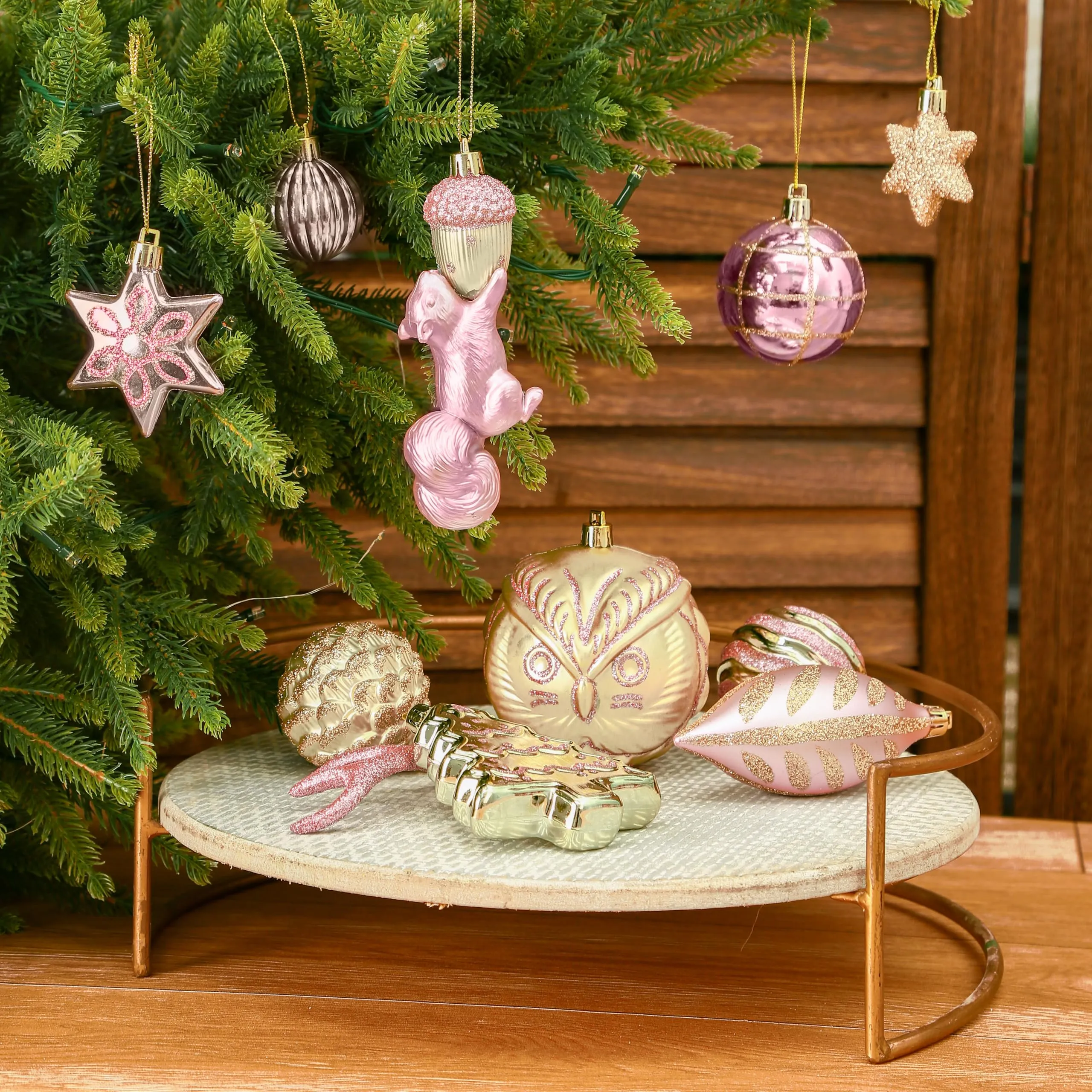 96pcs Pink & Gold Forest Theme and Animal Designs Christmas Tree Ornaments Set