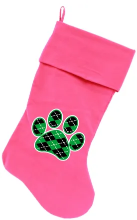 Argyle Paw Green Screen Print 18 inch Velvet Christmas Stocking Pink