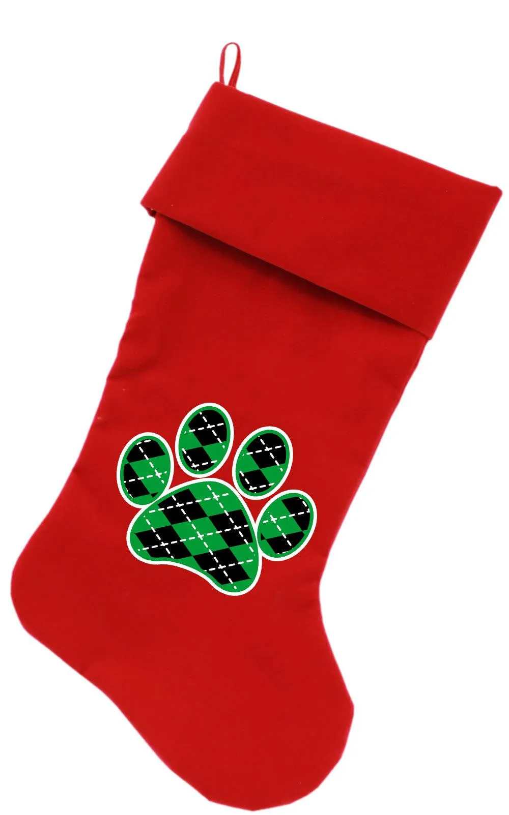 Argyle Paw Green Screen Print 18 inch Velvet Christmas Stocking Red