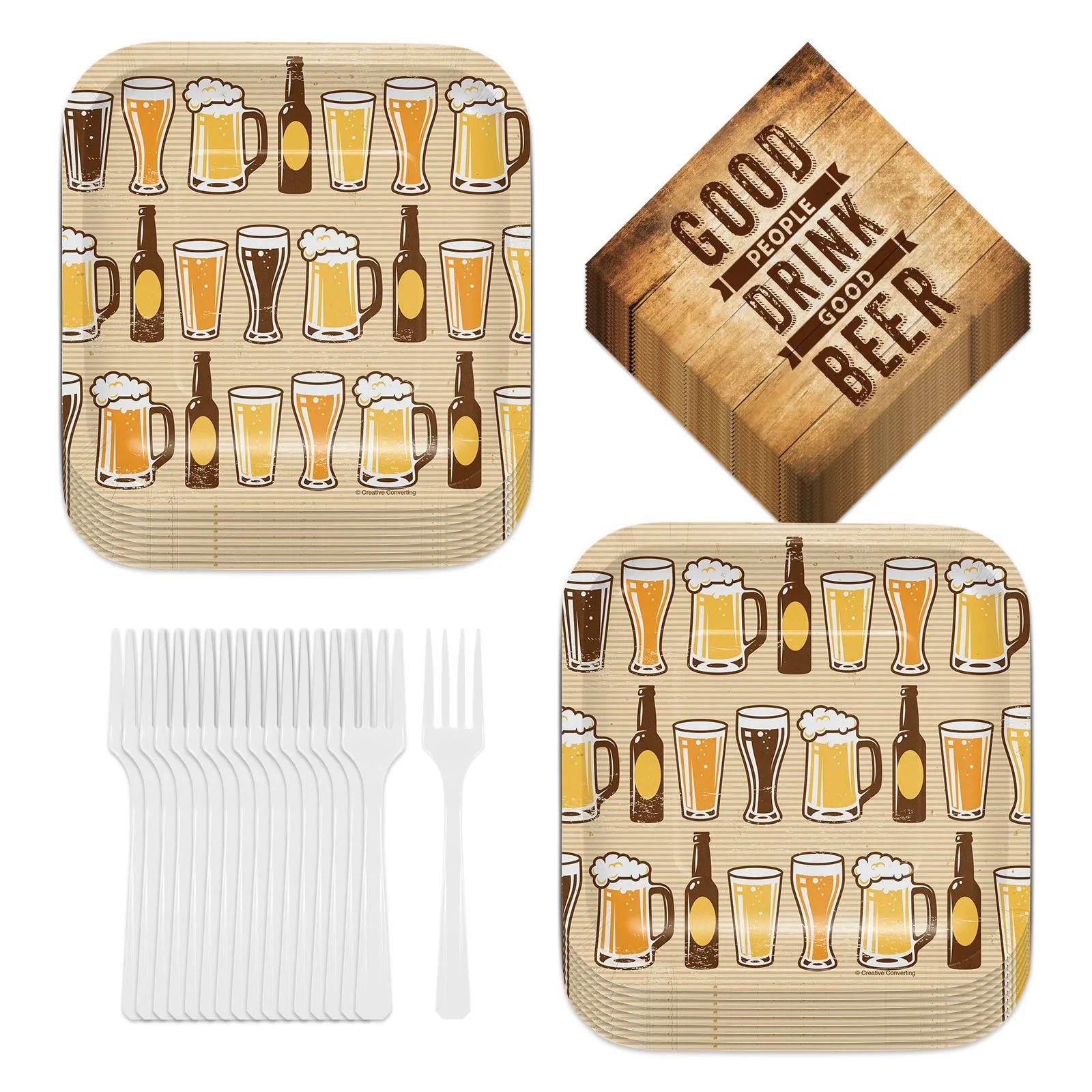 Beer Party Paper Dessert Plates, Beverage Napkins, and Forks (Serves 16)