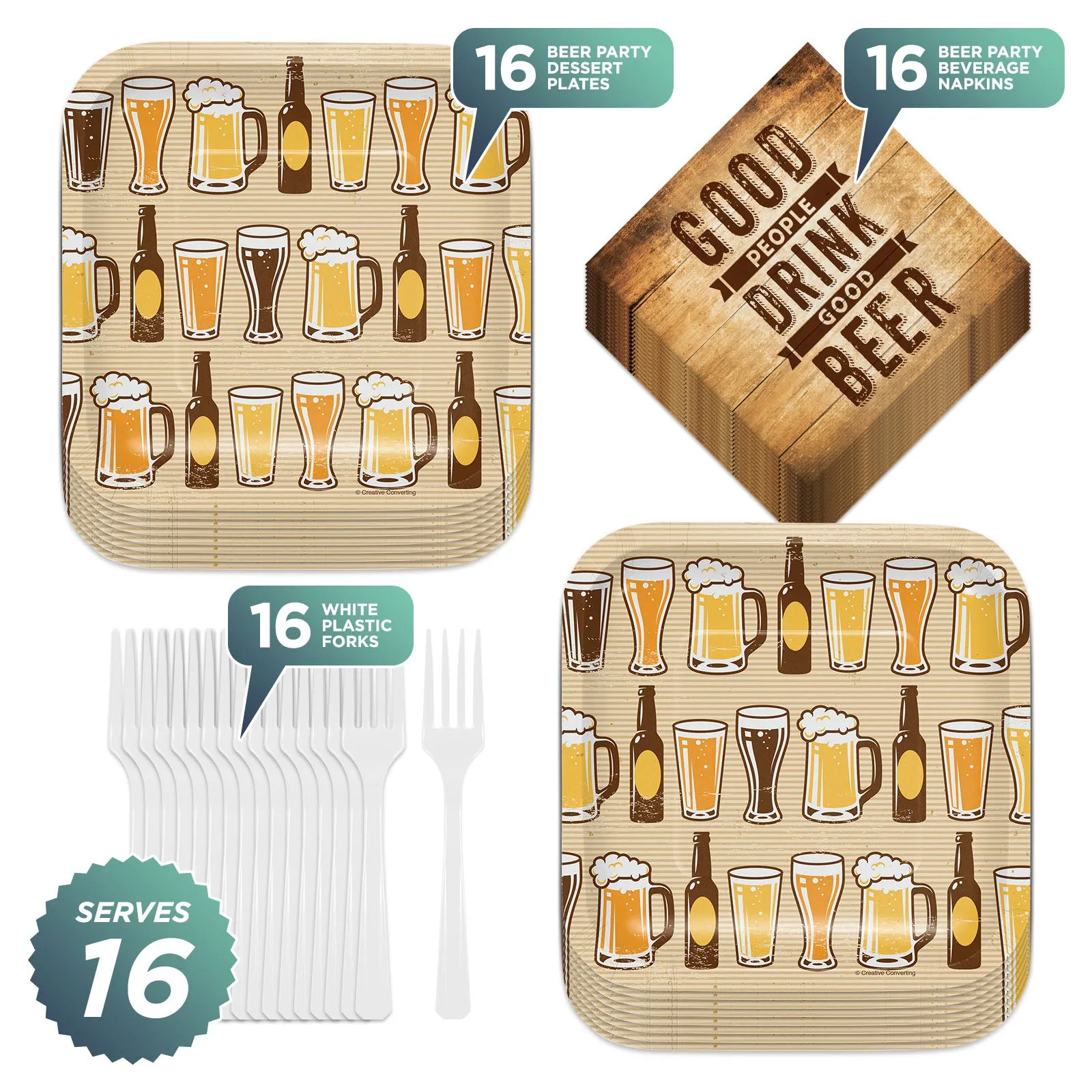 Beer Party Paper Dessert Plates, Beverage Napkins, and Forks (Serves 16)