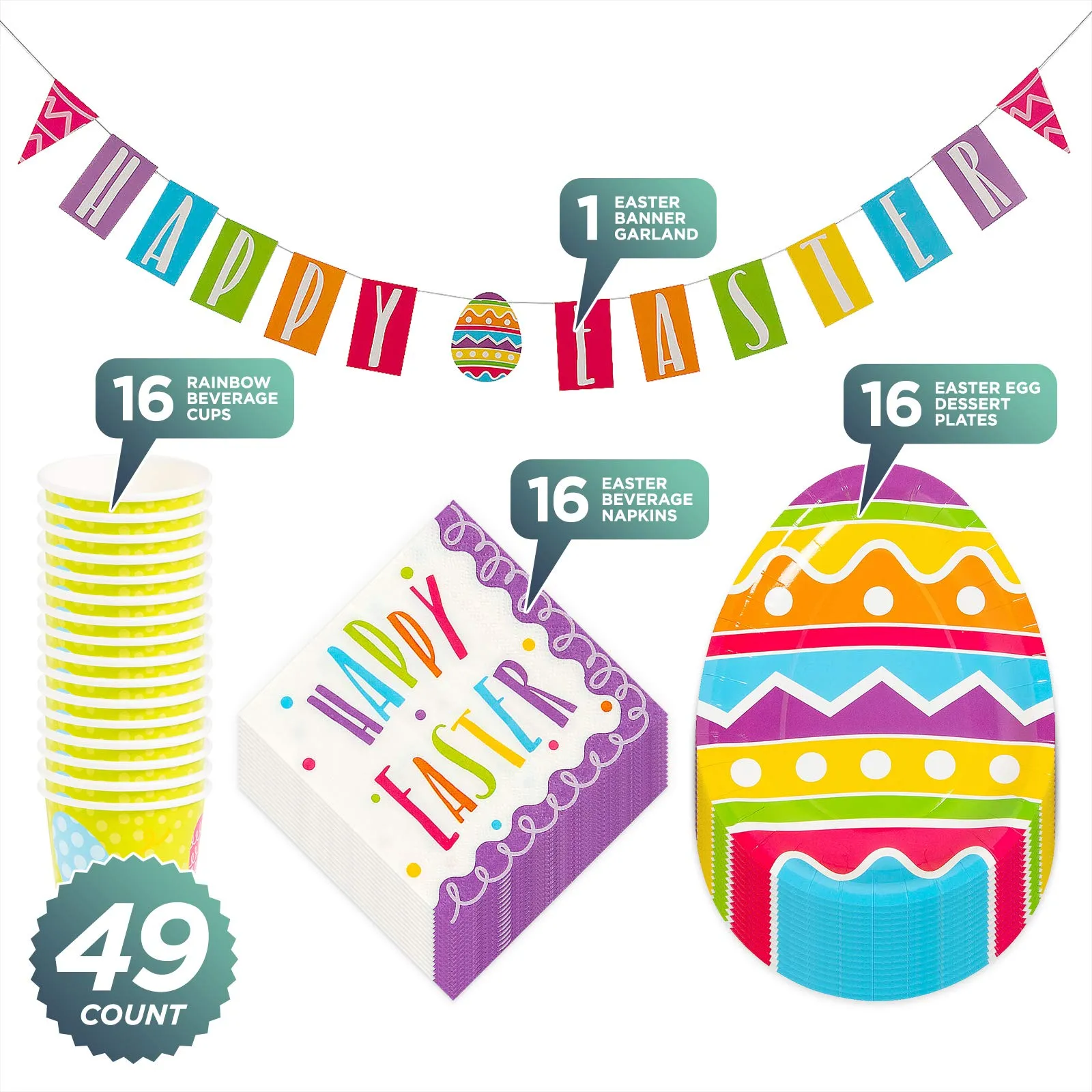 Bright Easter Egg Shaped Paper Plates, Napkins, Cups, and Happy Easter Garland Set