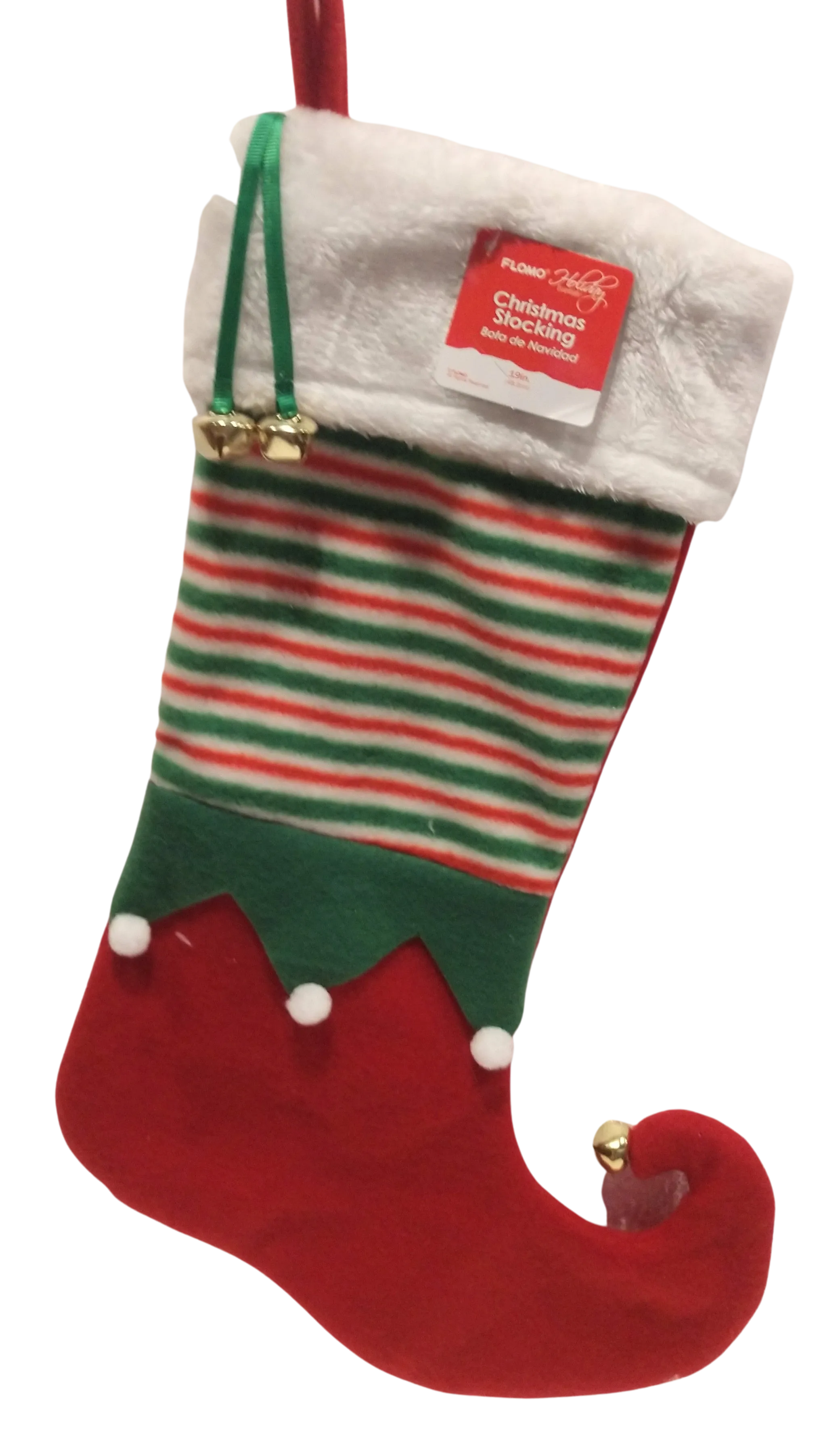 Christmas Elf Stocking With Jingle Bells Red/Green/White 19"