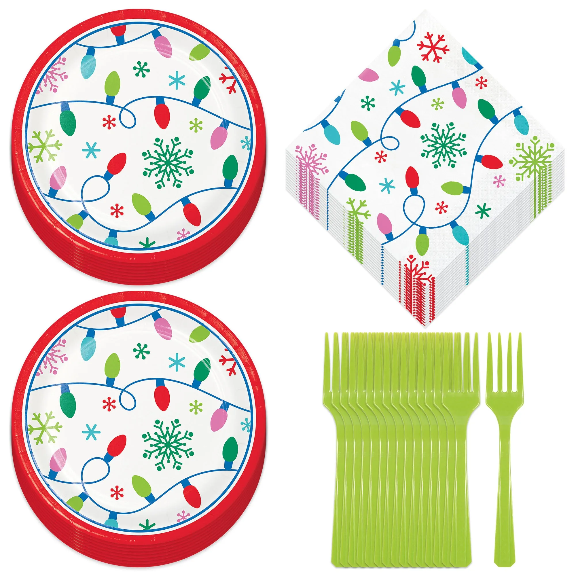 Christmas Party Holiday String Lights Paper Dessert Plates and Lunch Napkins (Serves16)