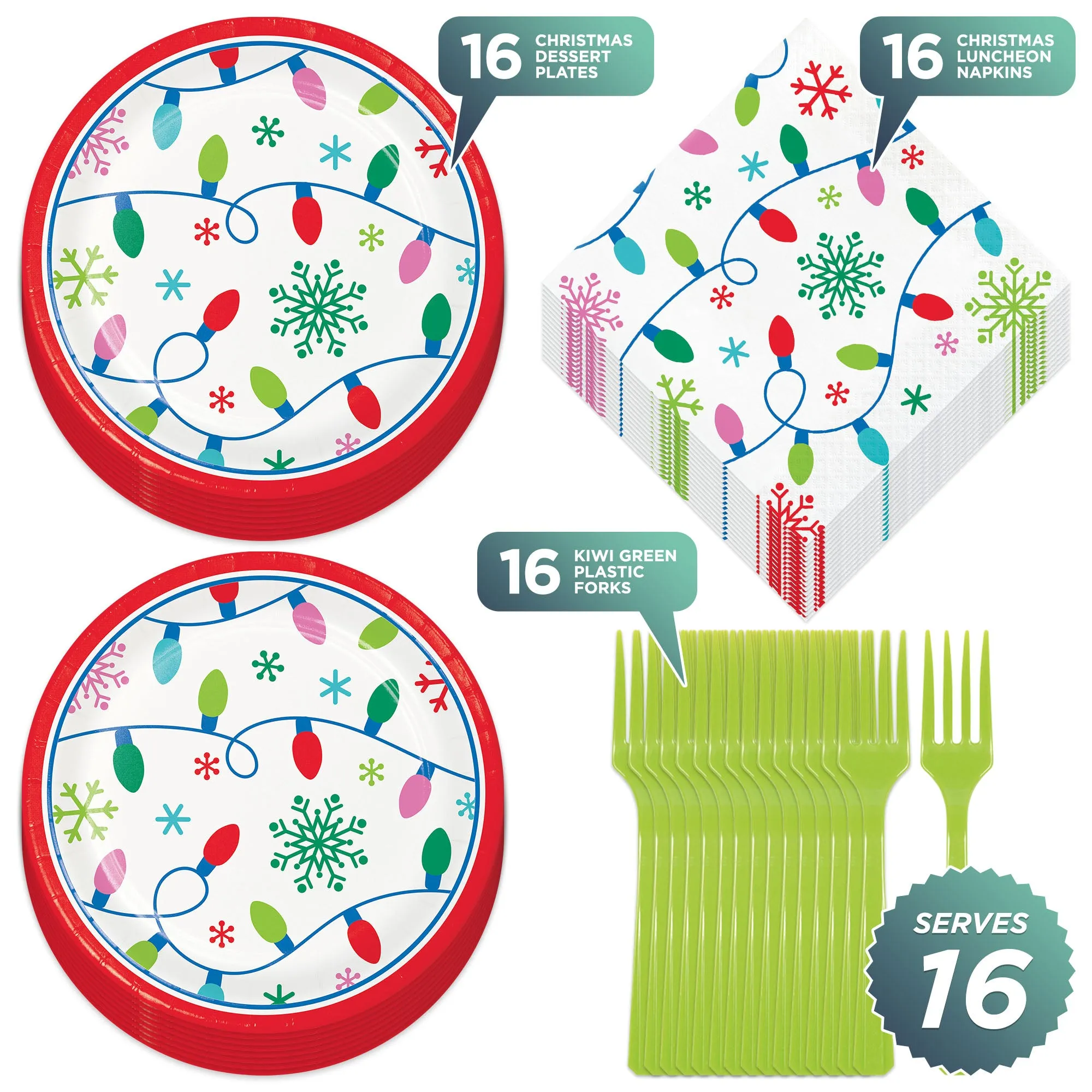 Christmas Party Holiday String Lights Paper Dessert Plates and Lunch Napkins (Serves16)