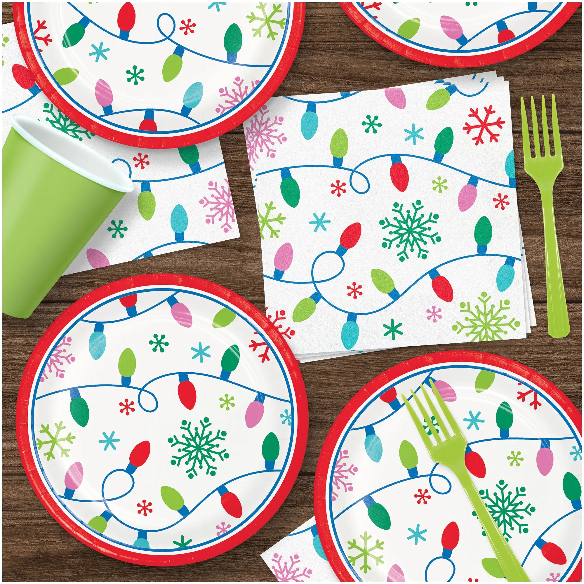 Christmas Party Holiday String Lights Paper Dessert Plates and Lunch Napkins (Serves16)