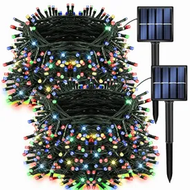 Dazzle Bright 2 Pack 200 LED 66 FT Multi-Colored Christmas Solar String Outdoor Lights, Solar Powered with 8 Modes Waterproof Fairy Lights for Bedroom Patio Garden Tree Party Yard Decoration