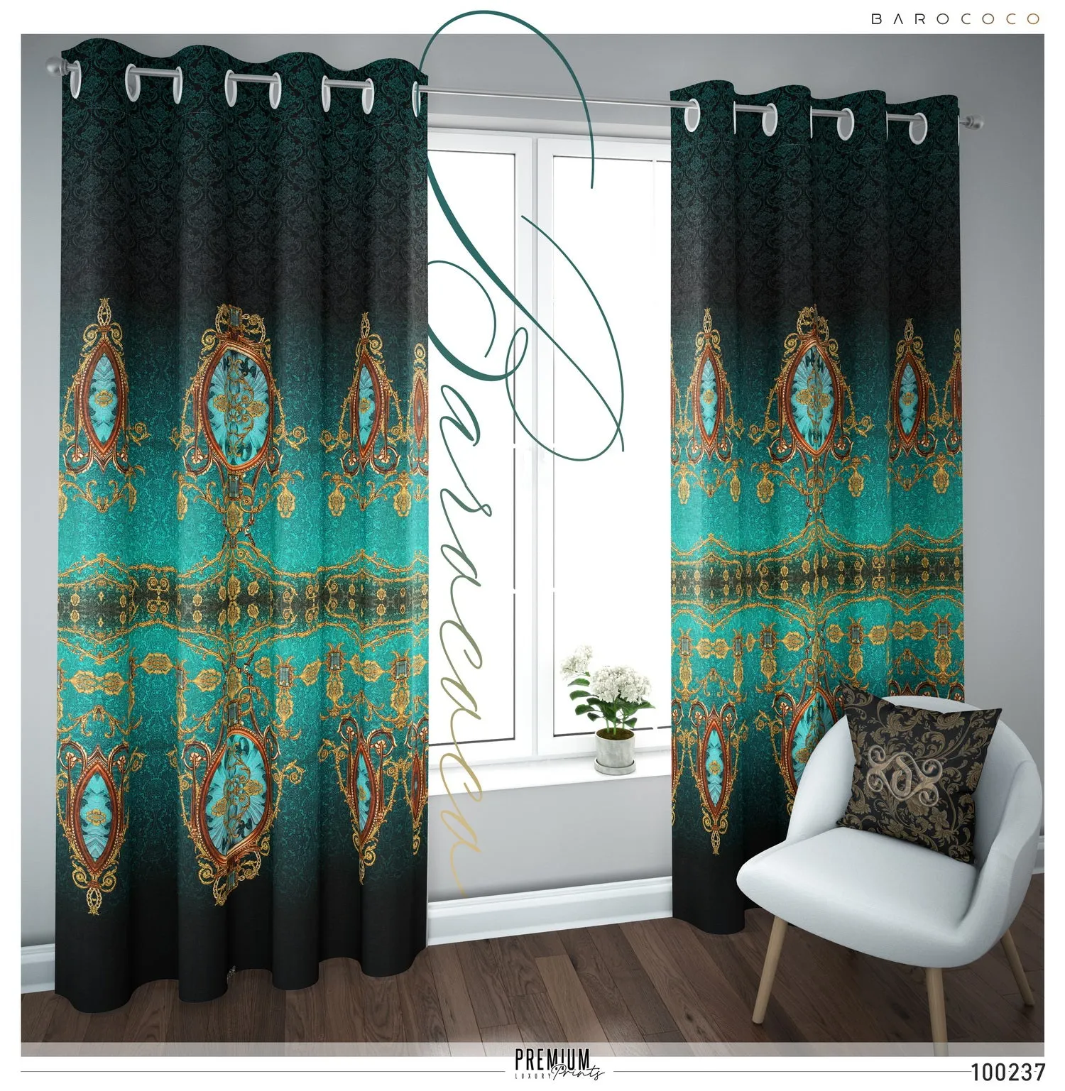 Decorous Baroque Green PREMIUM Curtain Panel. Available on 12 Fabrics. Made to Order. 100237