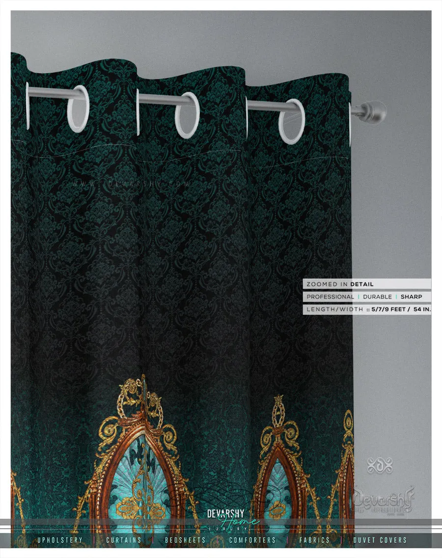 Decorous Baroque Green PREMIUM Curtain Panel. Available on 12 Fabrics. Made to Order. 100237