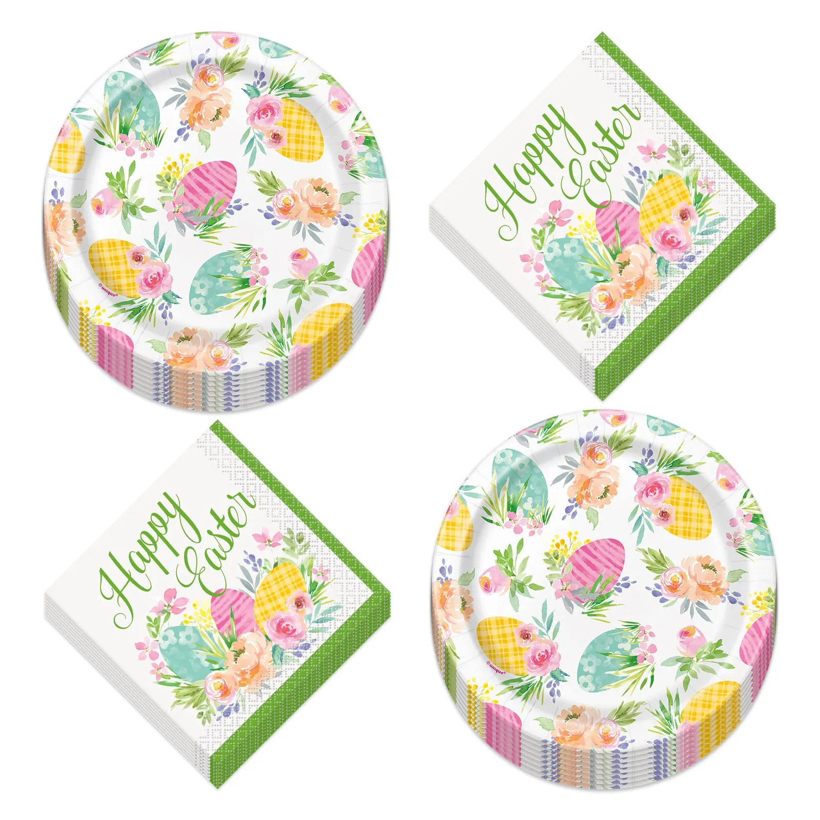 Floral Watercolor Happy Easter Paper Dessert Plates and Beverage Napkins (Serves 16)