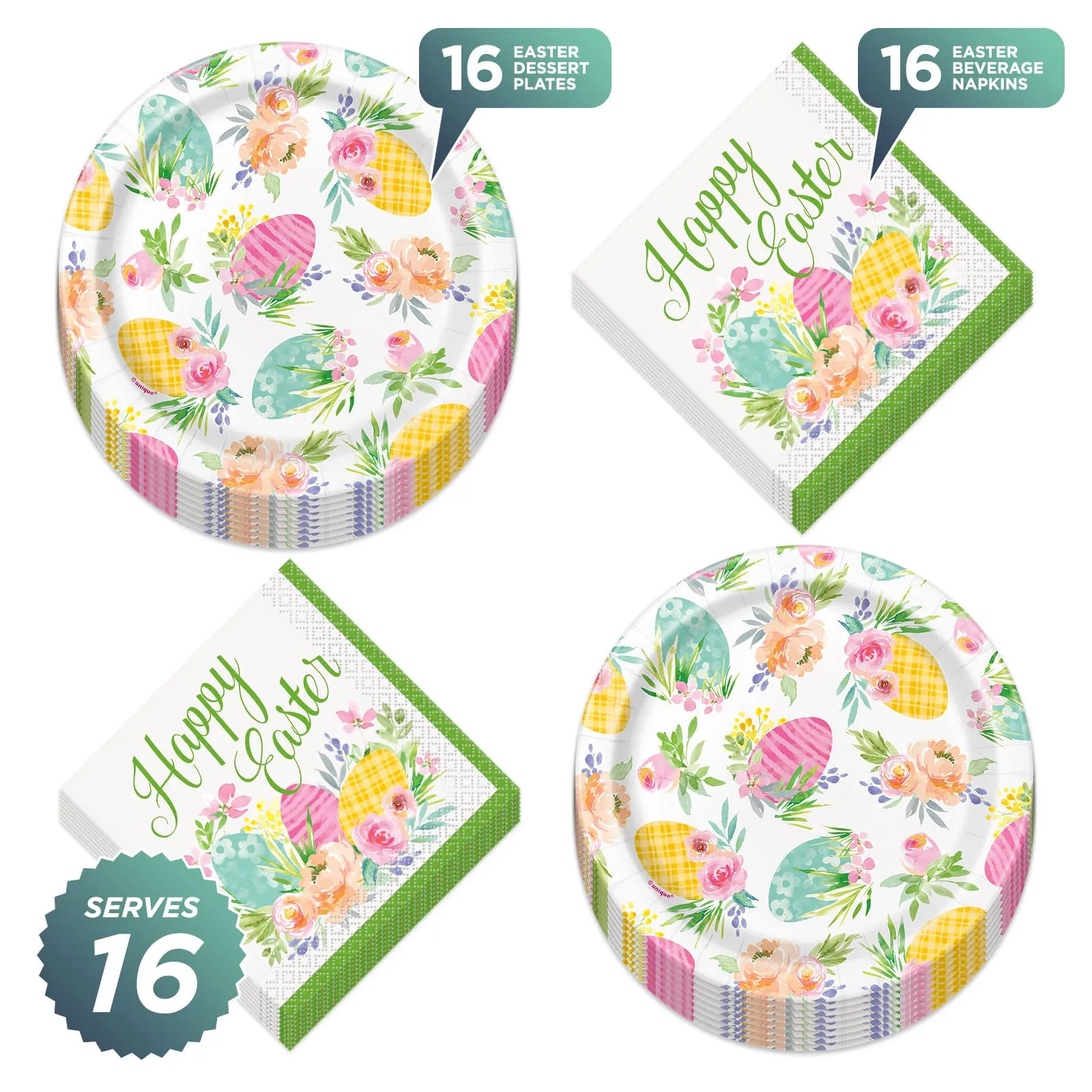 Floral Watercolor Happy Easter Paper Dessert Plates and Beverage Napkins (Serves 16)