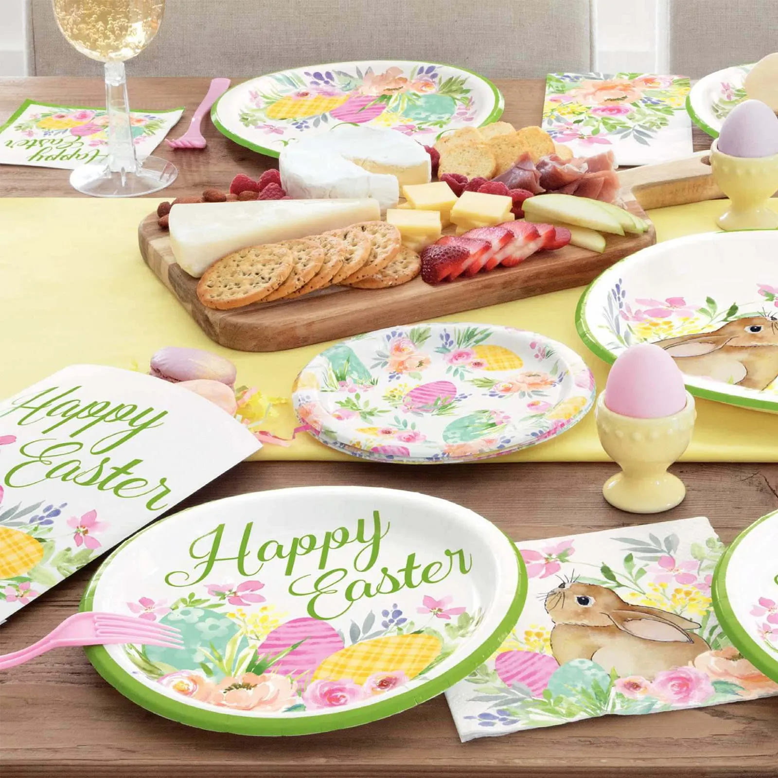 Floral Watercolor Happy Easter Paper Dessert Plates and Beverage Napkins (Serves 16)