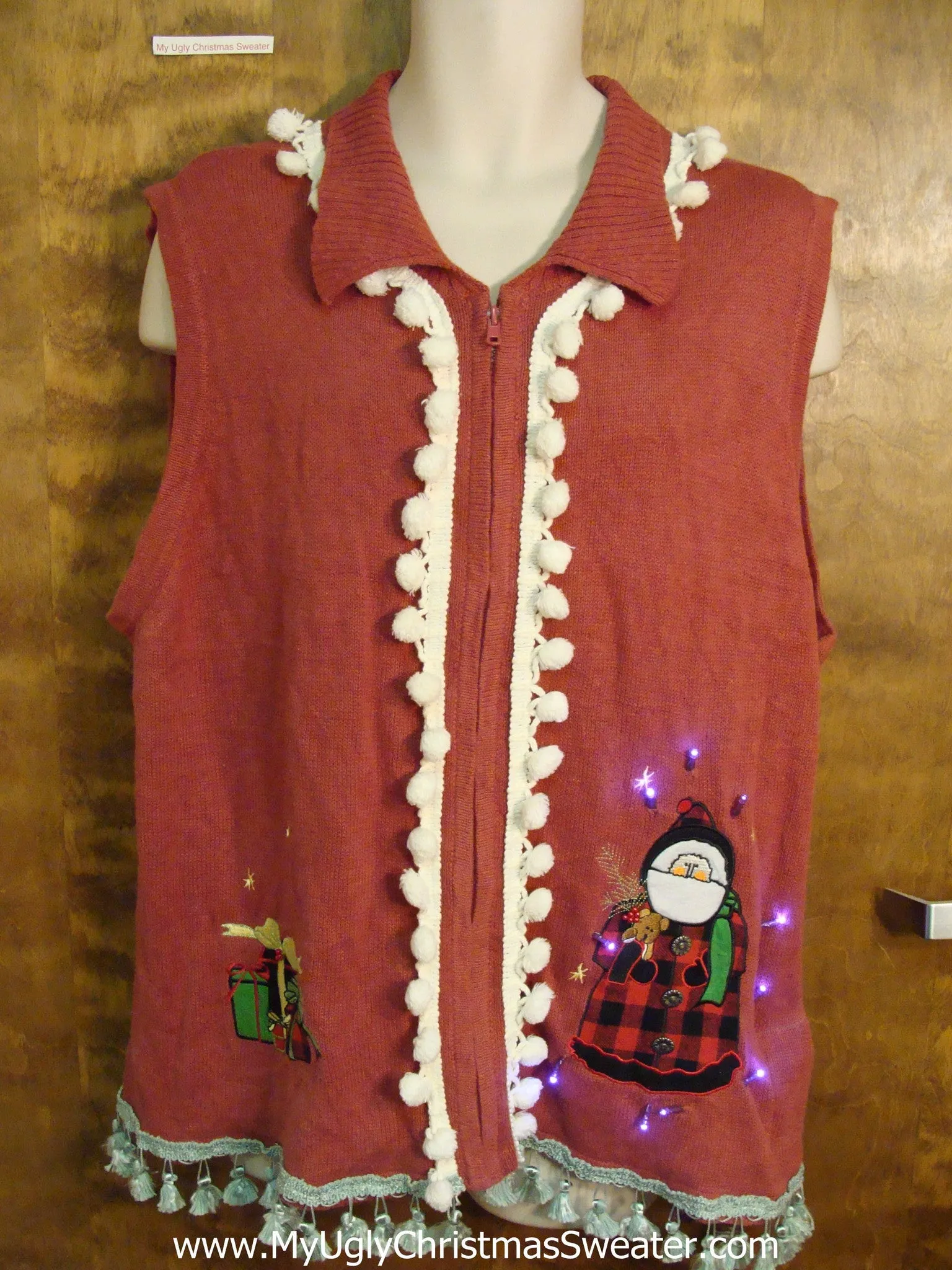 Funny Light Up Tacky Christmas Jumper Vest with Fringe