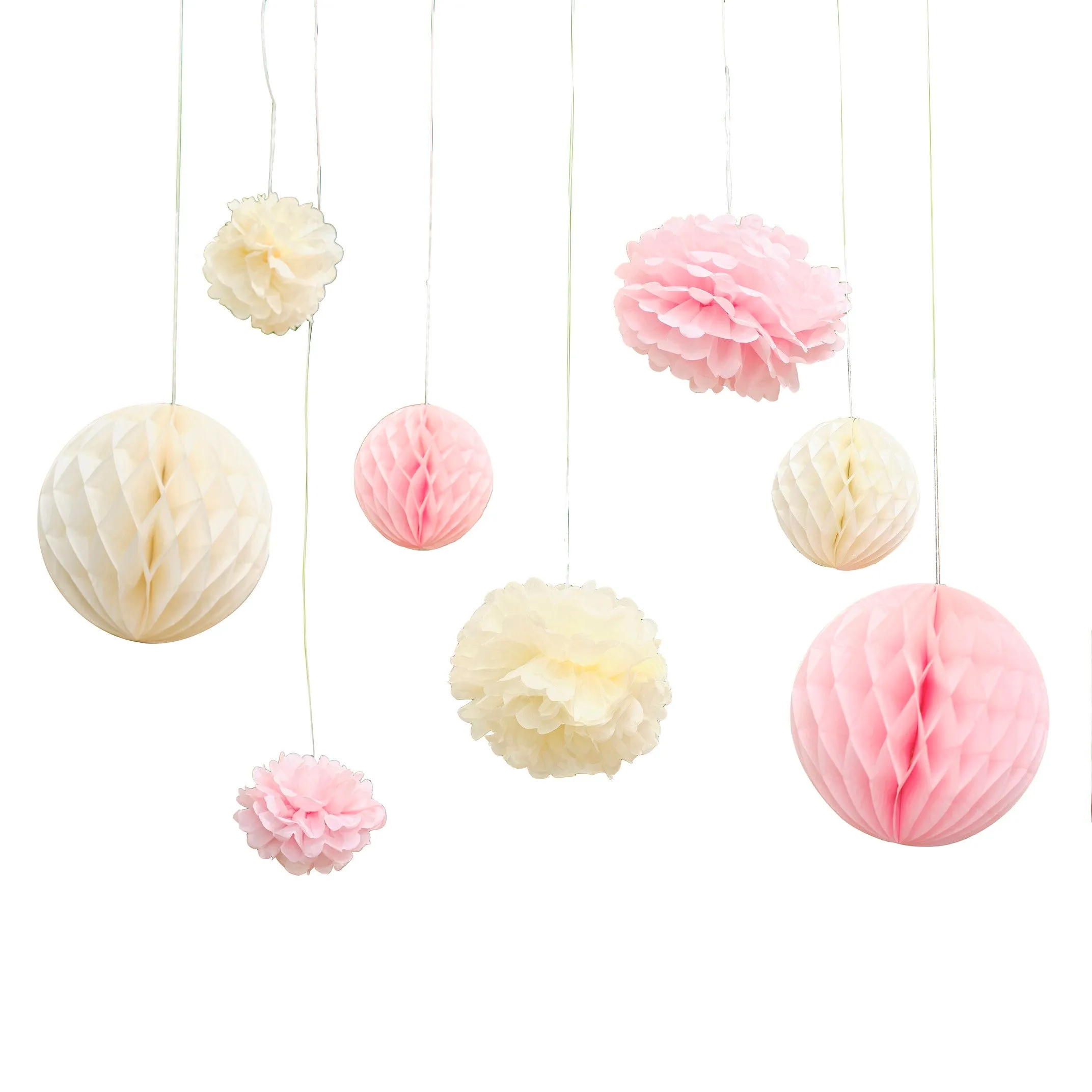 Ginger Ray Pom Pom & Honeycomb Hanging Tissue Decorations - 8 Pkt