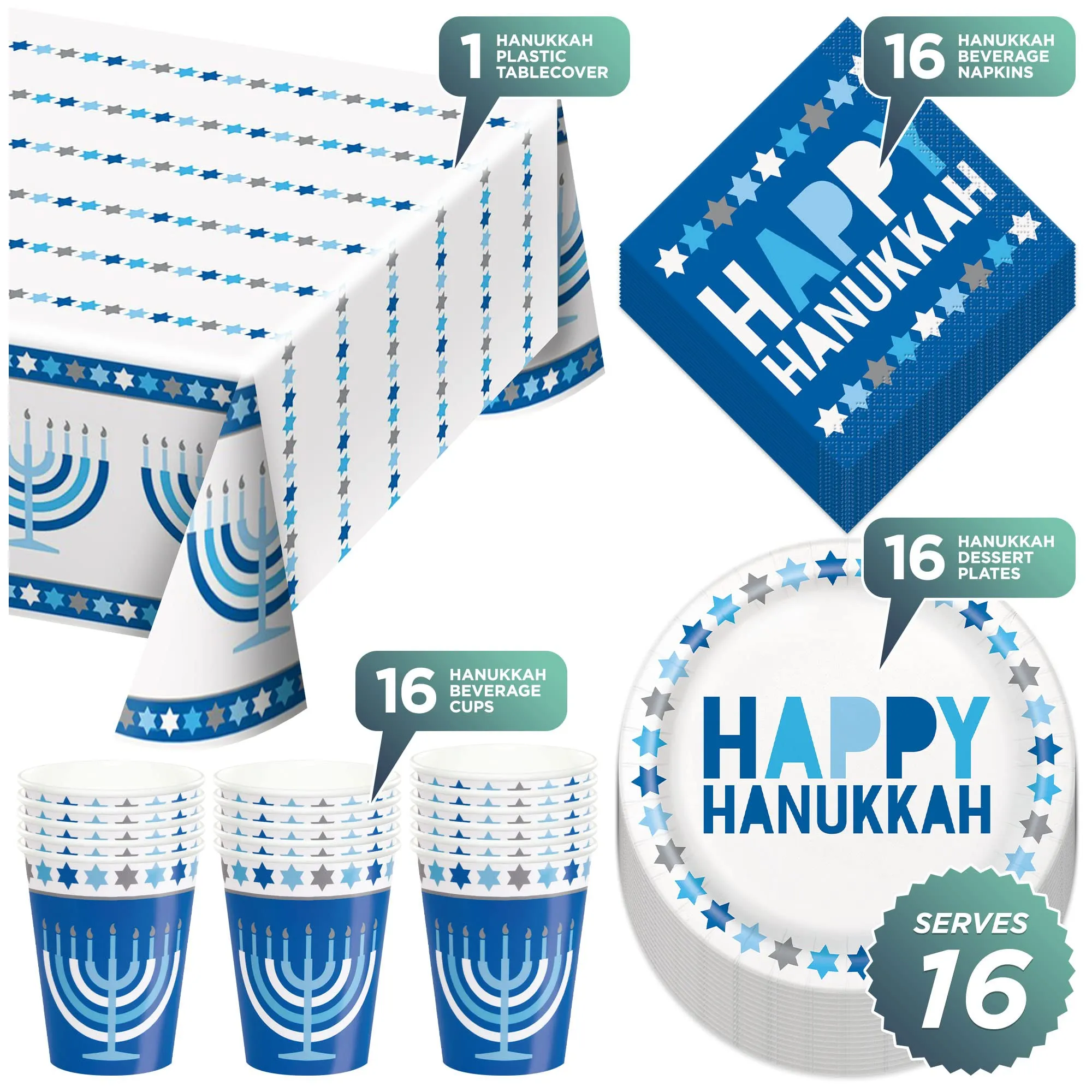 Happy Hanukkah Dessert Party Pack - Dessert Plates, Napkins, Cups, and Table Cover Set (Serves 16)