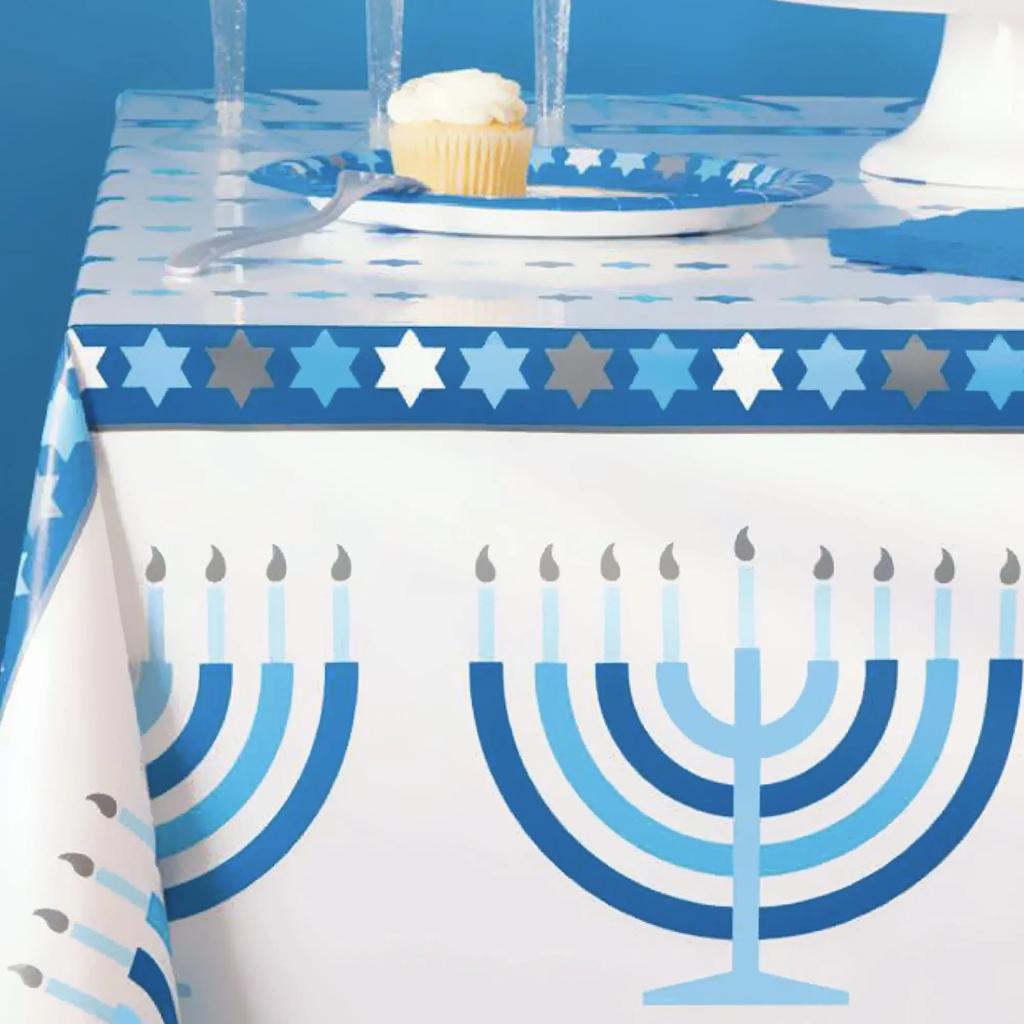 Happy Hanukkah Dessert Party Pack - Dessert Plates, Napkins, Cups, and Table Cover Set (Serves 16)