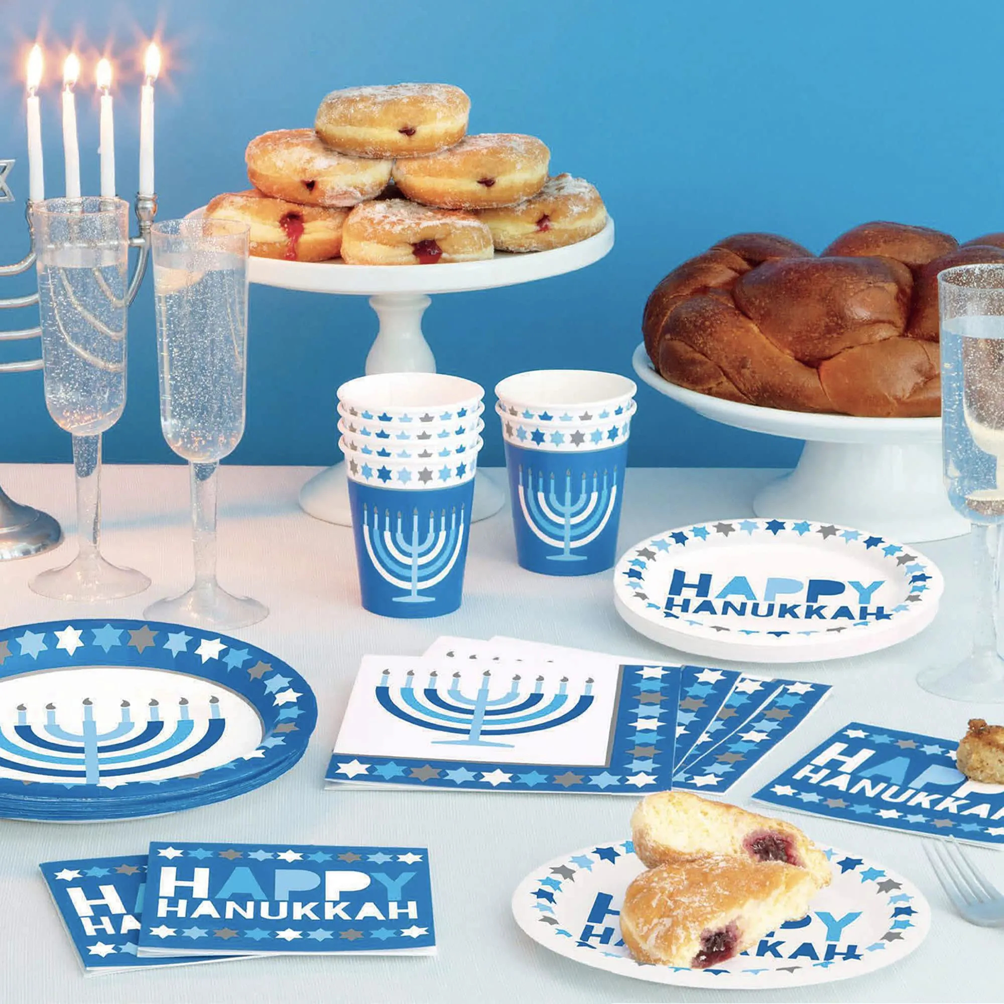 Happy Hanukkah Dessert Party Pack - Dessert Plates, Napkins, Cups, and Table Cover Set (Serves 16)