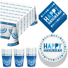 Happy Hanukkah Dessert Party Pack - Dessert Plates, Napkins, Cups, and Table Cover Set (Serves 16)