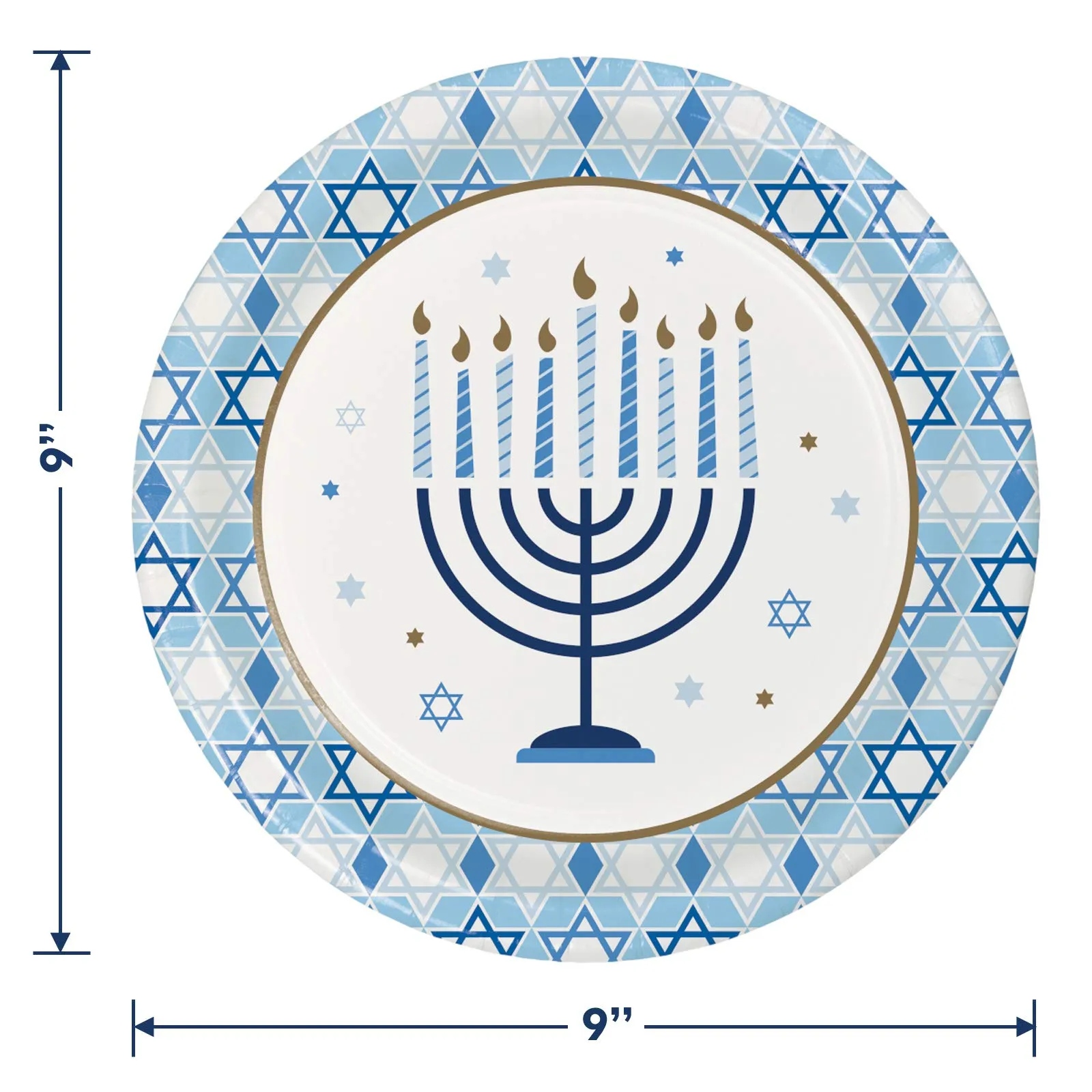 Happy Hanukkah Menorah & Star of David Paper Dinner Plates, Luncheon Napkins, and Forks (Serves 16)