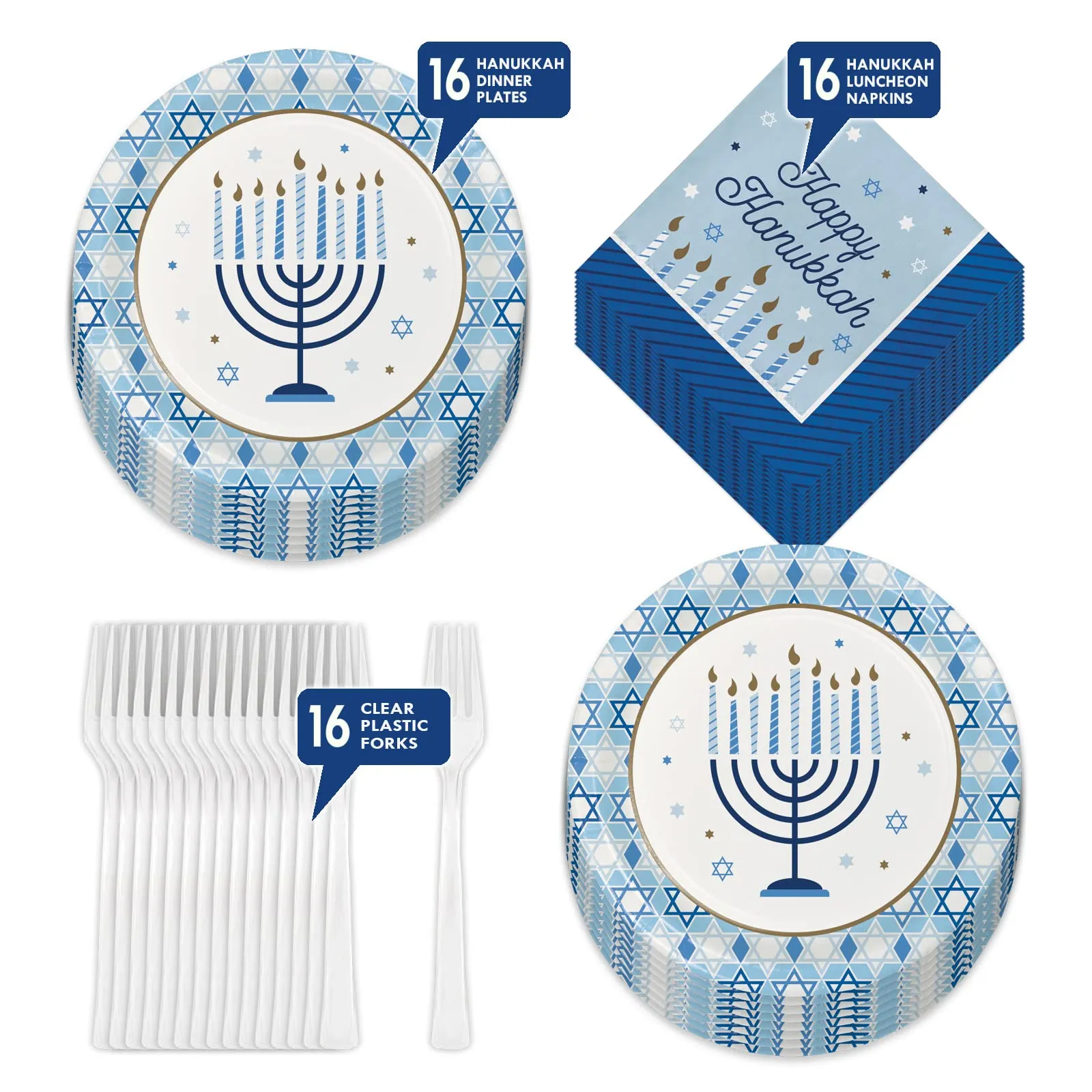 Happy Hanukkah Menorah & Star of David Paper Dinner Plates, Luncheon Napkins, and Forks (Serves 16)