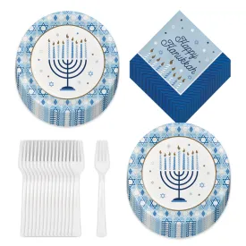 Happy Hanukkah Menorah & Star of David Paper Dinner Plates, Luncheon Napkins, and Forks (Serves 16)