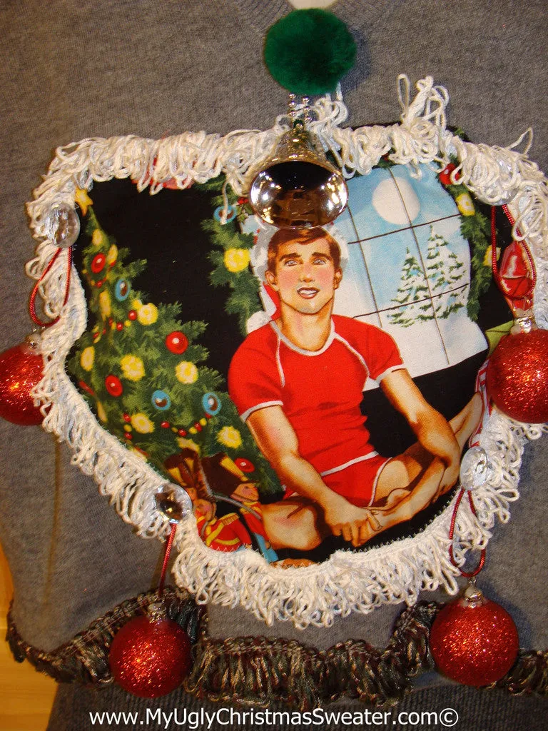 Hottie Guy Tacky Ugly Mens Christmas Sweater Vest Dangling Fringe & 3D Ornaments (b27)