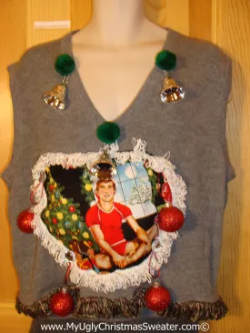 Hottie Guy Tacky Ugly Mens Christmas Sweater Vest Dangling Fringe & 3D Ornaments (b27)