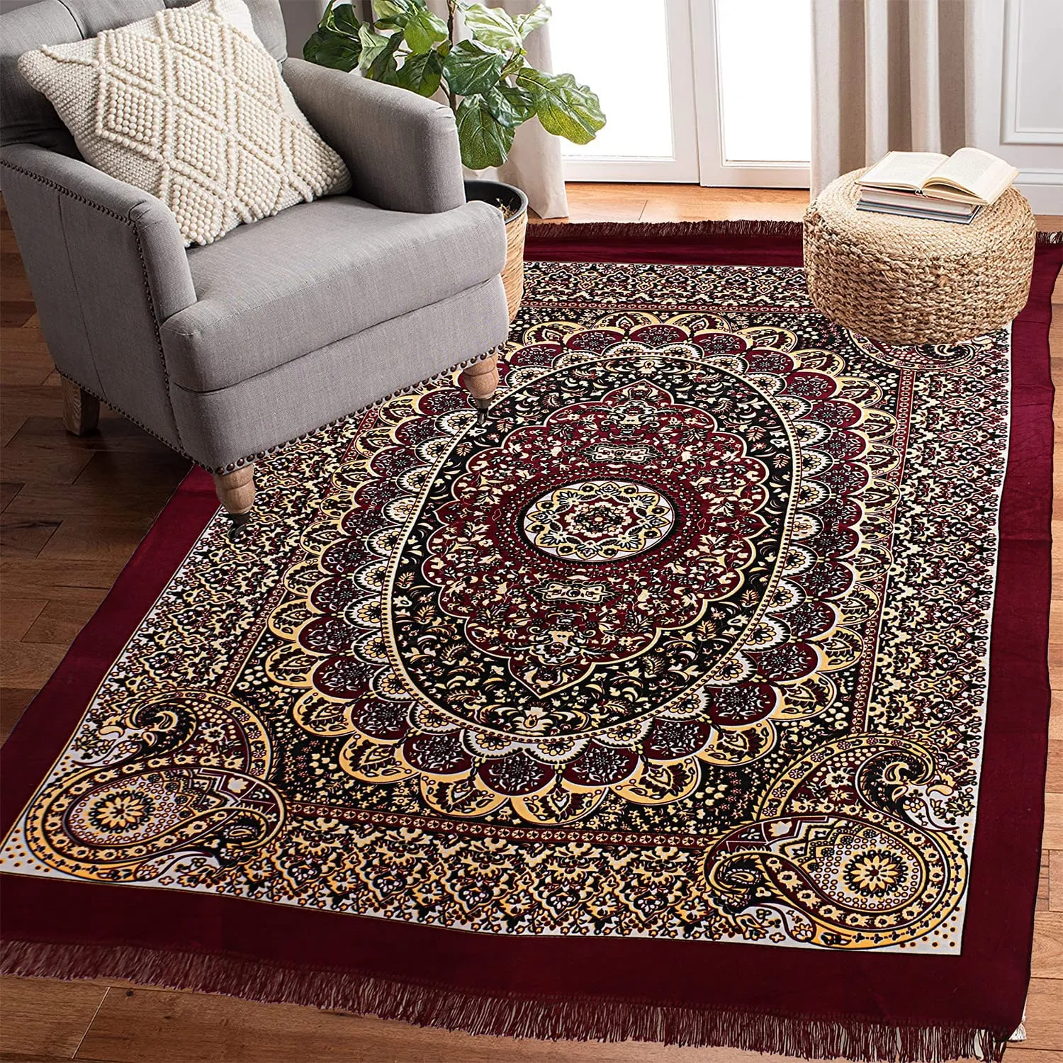 Kuber Industries Carpet|Water Absorption Kalamkari Paisley Pattern Floor Mat|Velvet Sitting Carpet for Hall, Living Room, 5x7 Feet (Maroon)