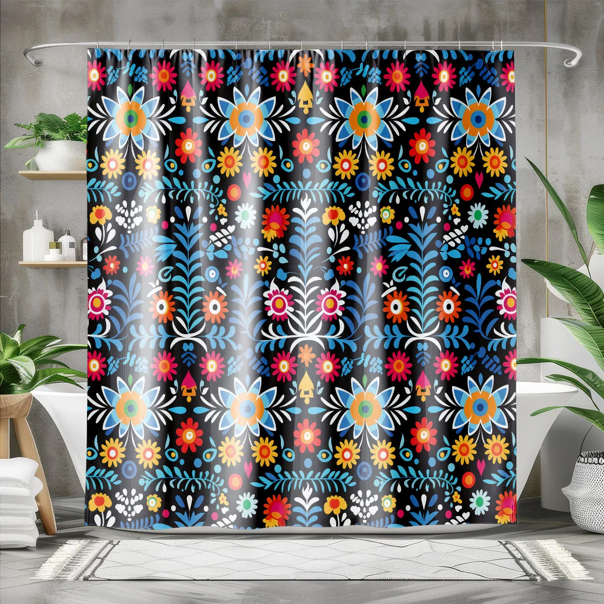 Mexican folk Art Shower Curtain | Lightweight 100% Polyester, Water and Mildew Resistant, Multiple sizes with Hooks