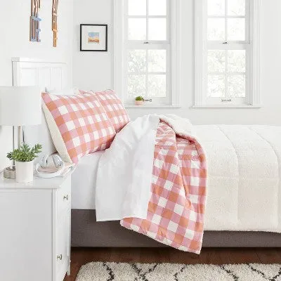 New - Room Essentials Faux Shearling Comforter Plush, Pink/Rust Plaid, Twin/TwinXL