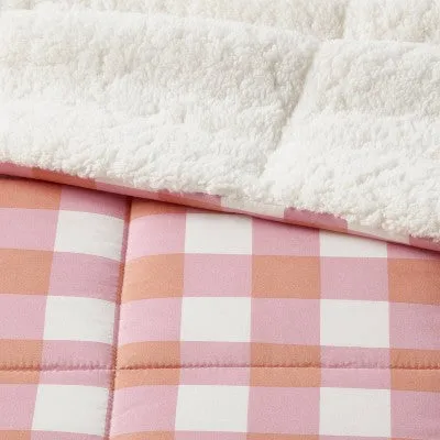 New - Room Essentials Faux Shearling Comforter Plush, Pink/Rust Plaid, Twin/TwinXL