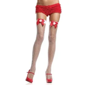 Nurse Fishnet Thigh Highs - White/Red