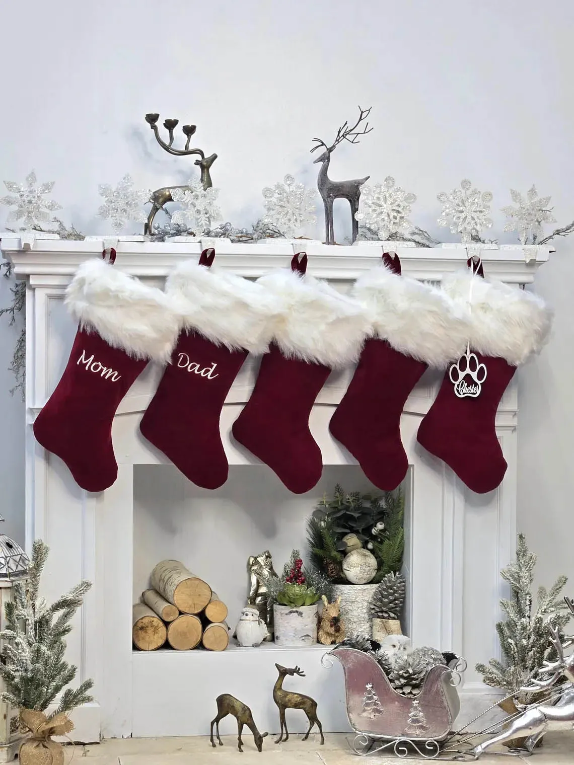 Personalized Christmas Stockings Velvet 19"  Luxury Faux Fox Fur Cuff Christmas Stocking Embroidered with Names Velvet Stockings