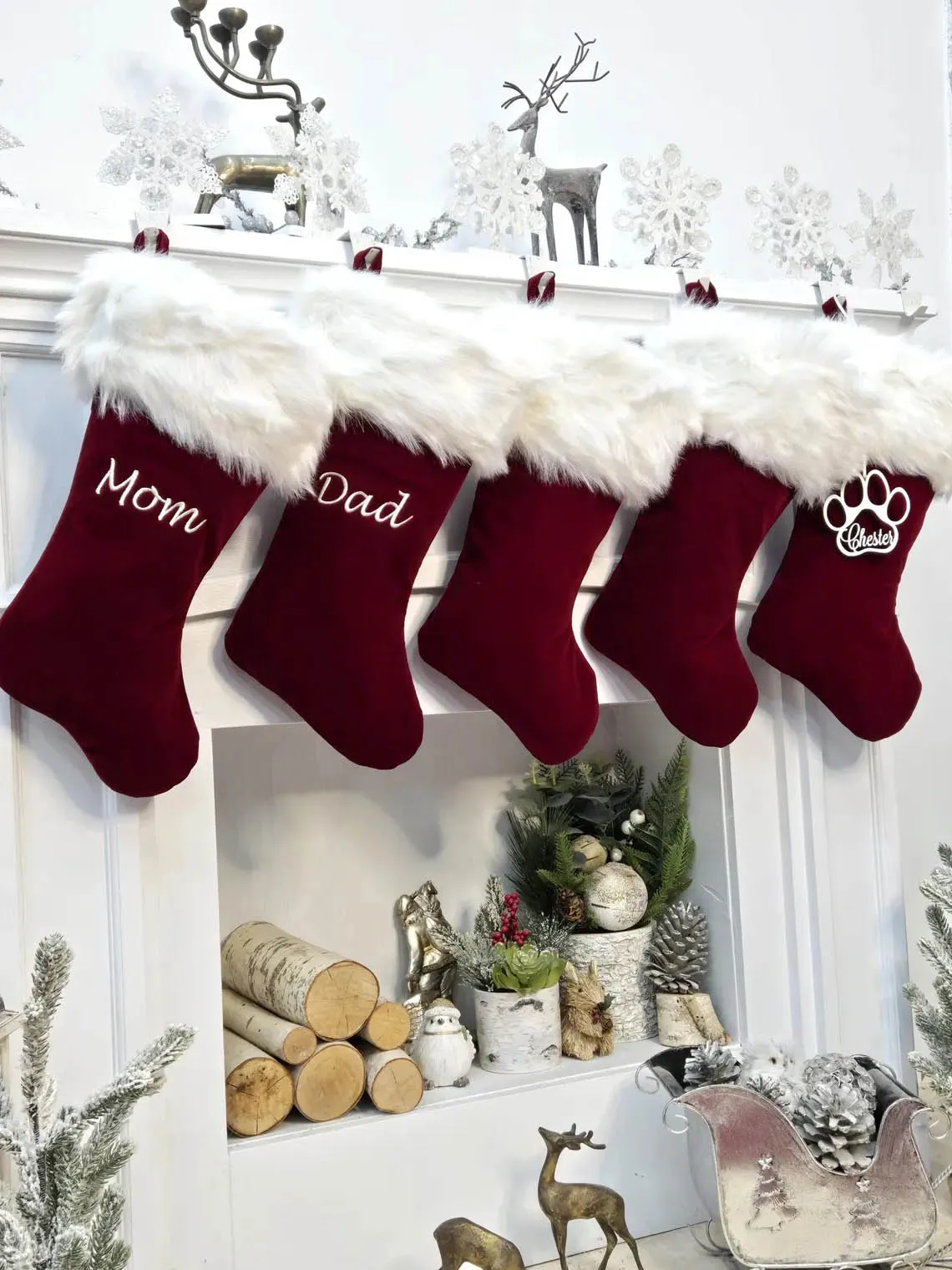 Personalized Christmas Stockings Velvet 19"  Luxury Faux Fox Fur Cuff Christmas Stocking Embroidered with Names Velvet Stockings