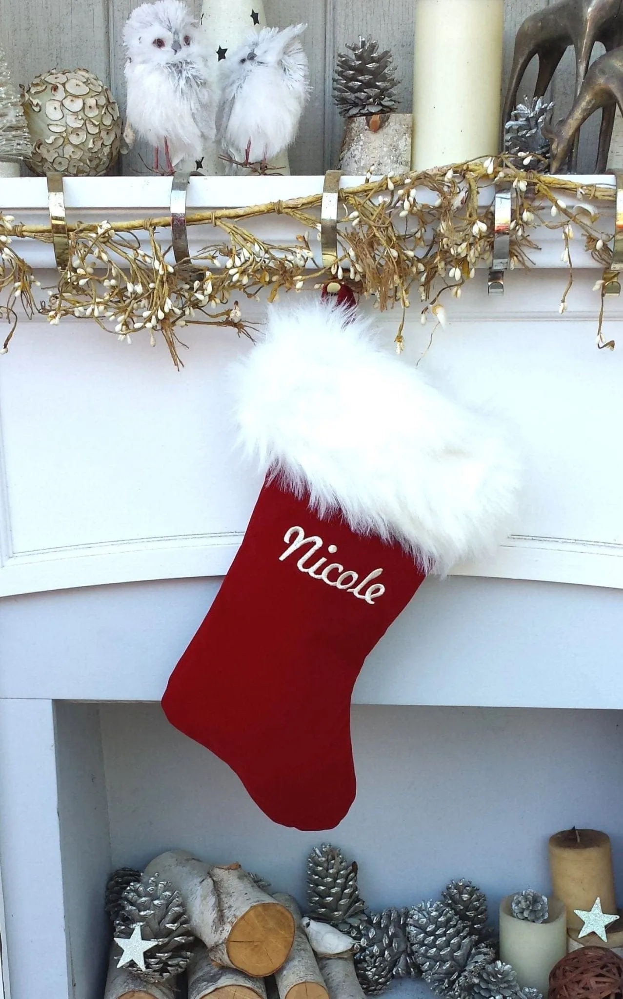 Personalized Christmas Stockings Velvet 19"  Luxury Faux Fox Fur Cuff Christmas Stocking Embroidered with Names Velvet Stockings