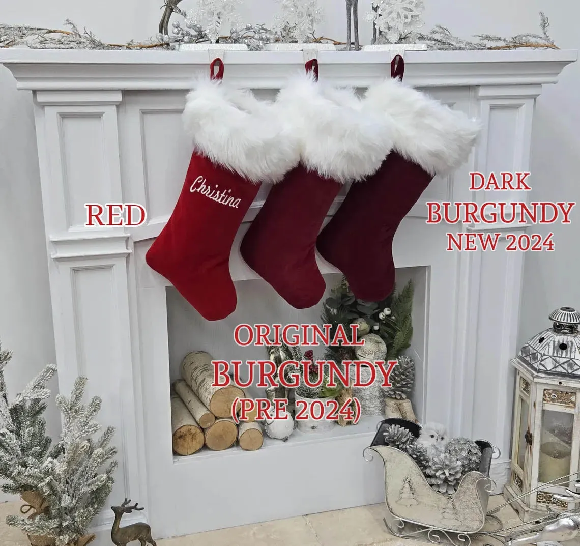 Personalized Christmas Stockings Velvet 19"  Luxury Faux Fox Fur Cuff Christmas Stocking Embroidered with Names Velvet Stockings