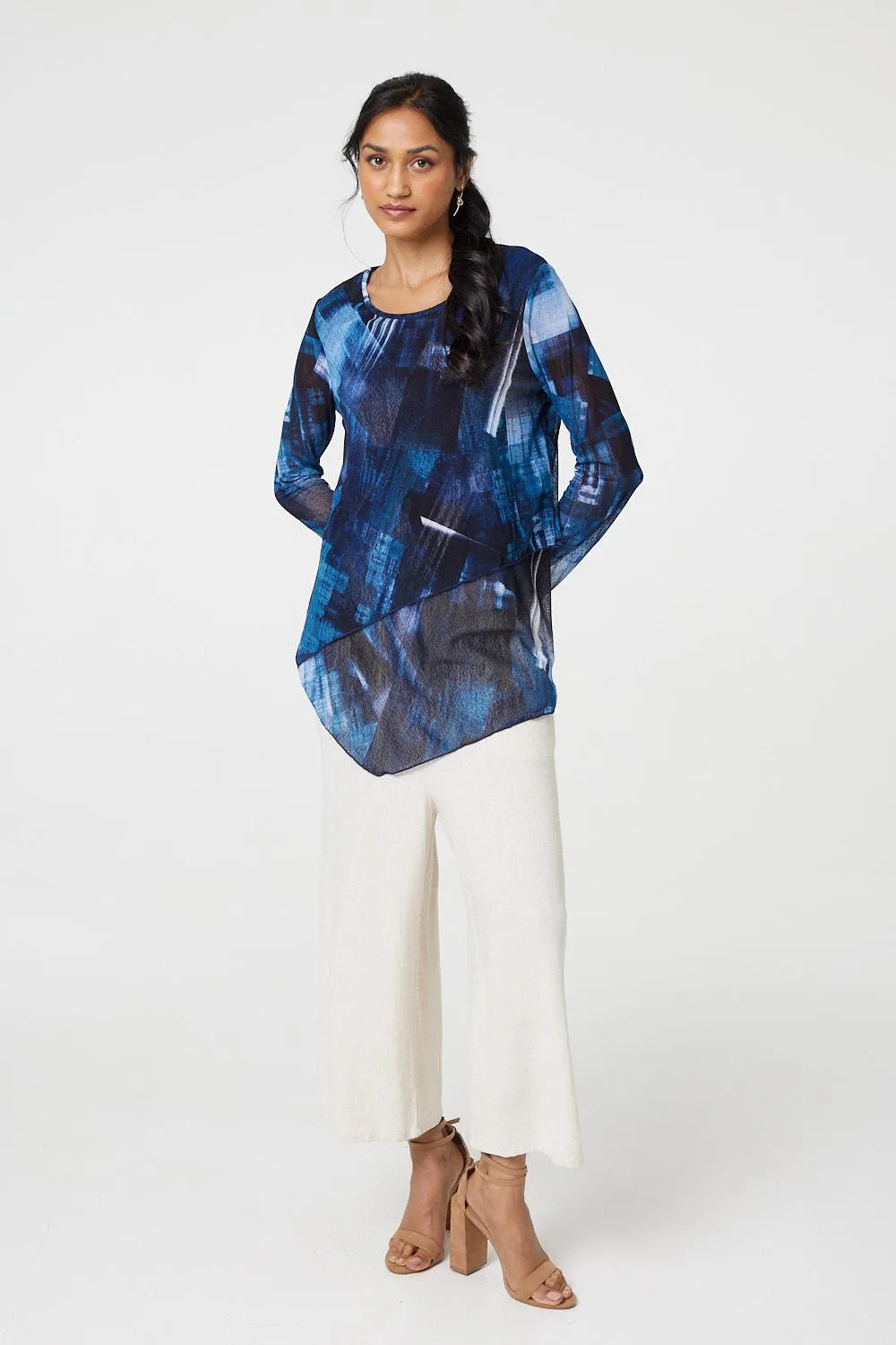 Printed Semi Sheer Asymmetric Tunic Top