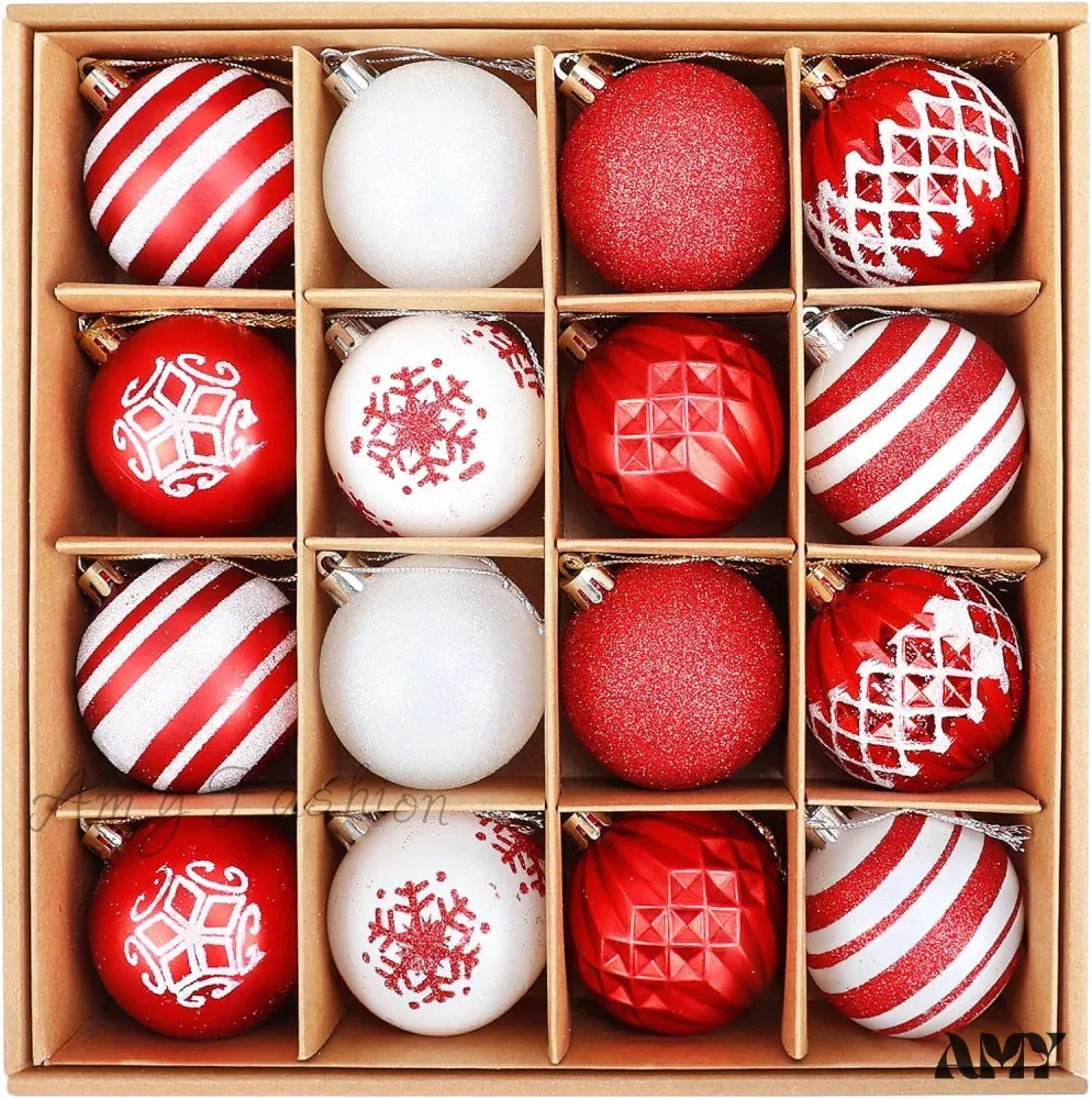 Red and White Christmas Ball Ornaments - 16 Piece Set