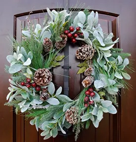 Rustic Country Christmas Door Wreath with Lambs Ear, Red Berries, Frosted Pine Branches and Pine Cones on Grapevine Base in 22" Diameter